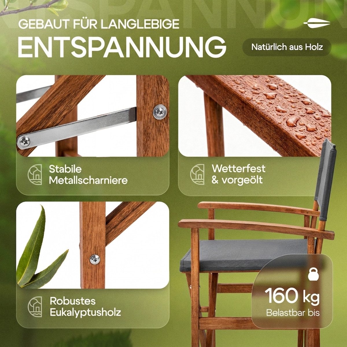 Casaria Regiestuhl, Klappbarer FSC®-zertifizierter Holz Gartenstuhl bis 160 kg Wetterfest
