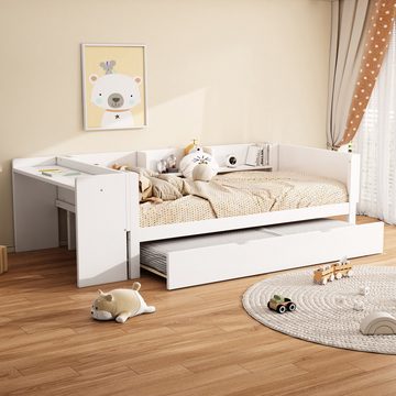 OKWISH Kinderbett Hausbett, mit ausziehbarem Bett, mit Schreibtisch (drei Regale an der Seite des Bettes 90x200cm), ohne Matratze