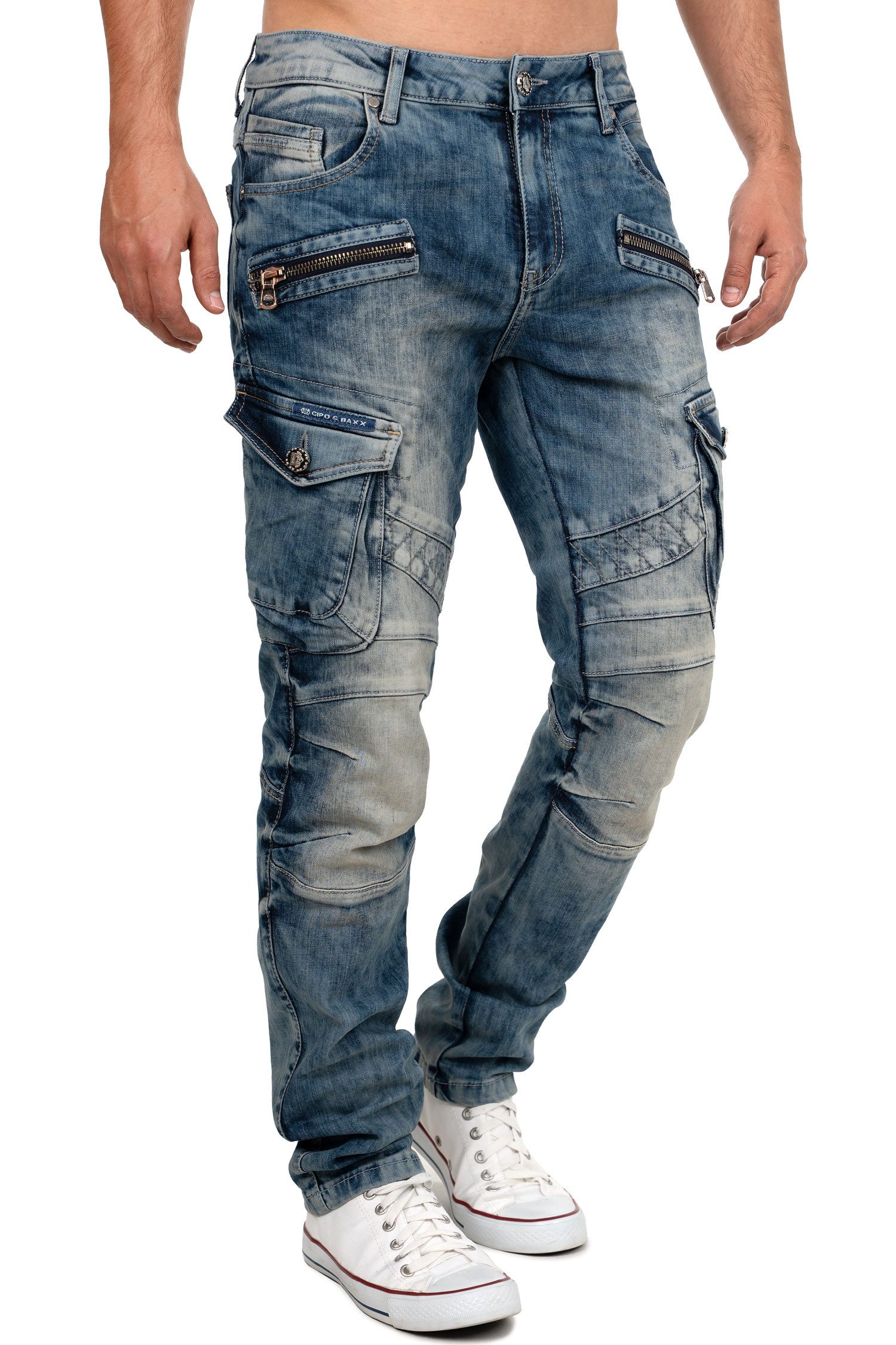 Cipo & Baxx Bikerjeans Herren Straight Fit Hose Stonewashed BA-CD780 Used-Waschung im Marmor-Look