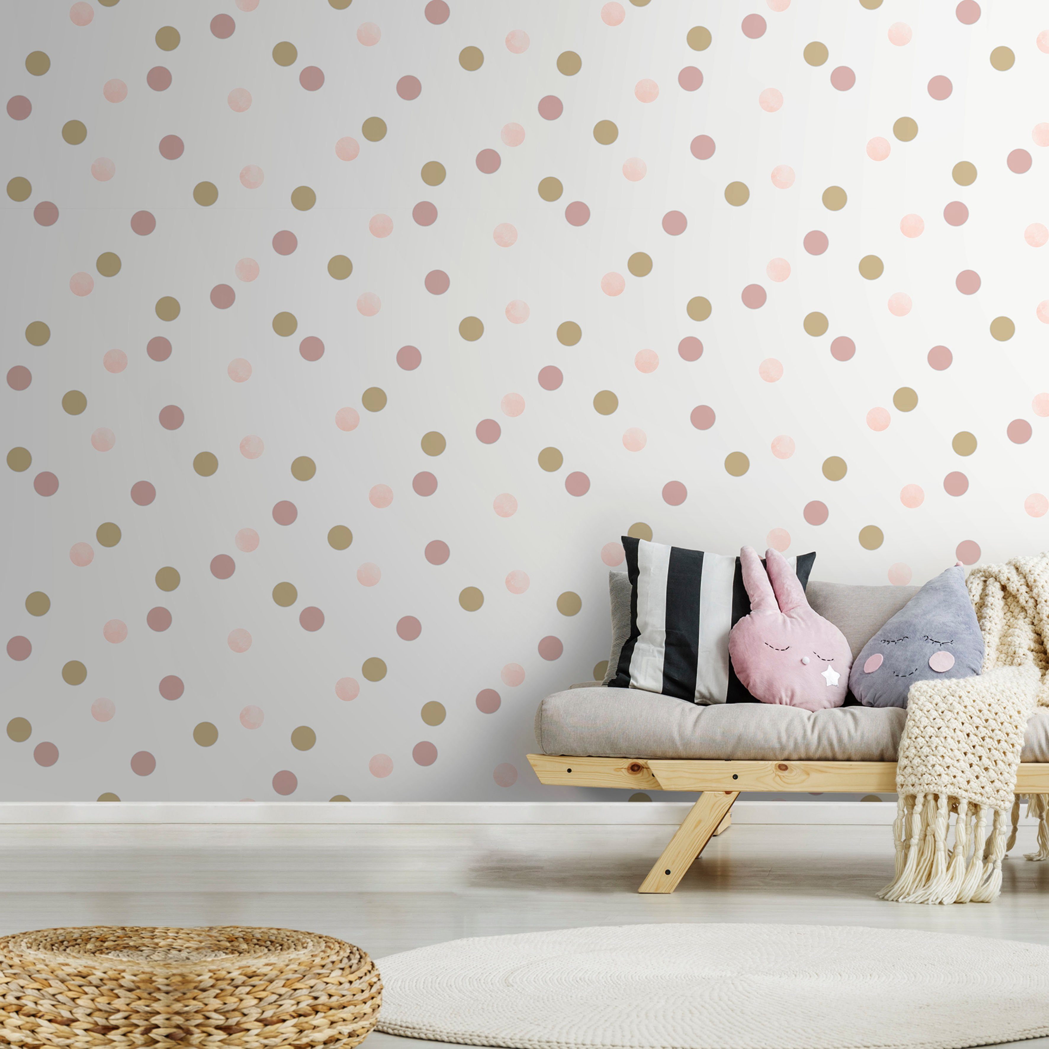 Art for the home Vliestapete Punkte, glatt, (1 St), Rosa/Gold - 10mx53cm