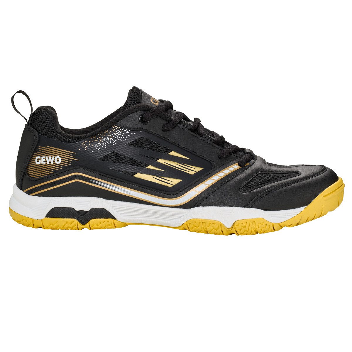 Gewo Tischtennis Schuh Flex ForcePro Black, Indoor Hallenschuh schwarz/gold Trainingsschuh