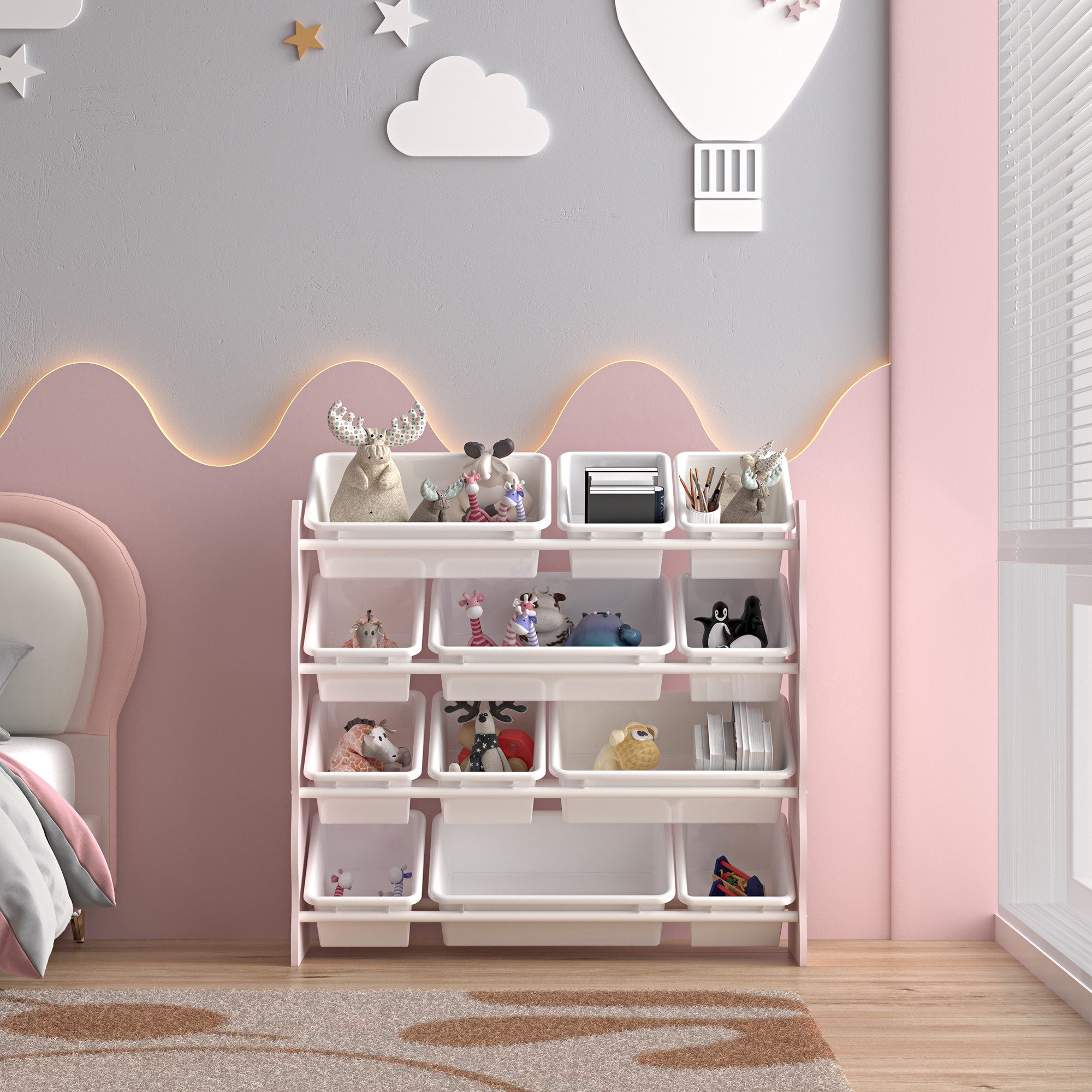 en.casa Kinderregal, »Vestnes« mit 12 Aufbewahrungsboxen 78x86x27 cm Cotton Candy/Weiß