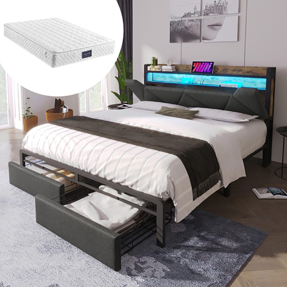 Polsterbett (160x200cm Stauraumbett mit Lattenrost, Schubladen und LED-Beleuchtung), Ladefunktion Stauraum-Kopfteil, Doppelbett aus Stahlrahmen, Leinen