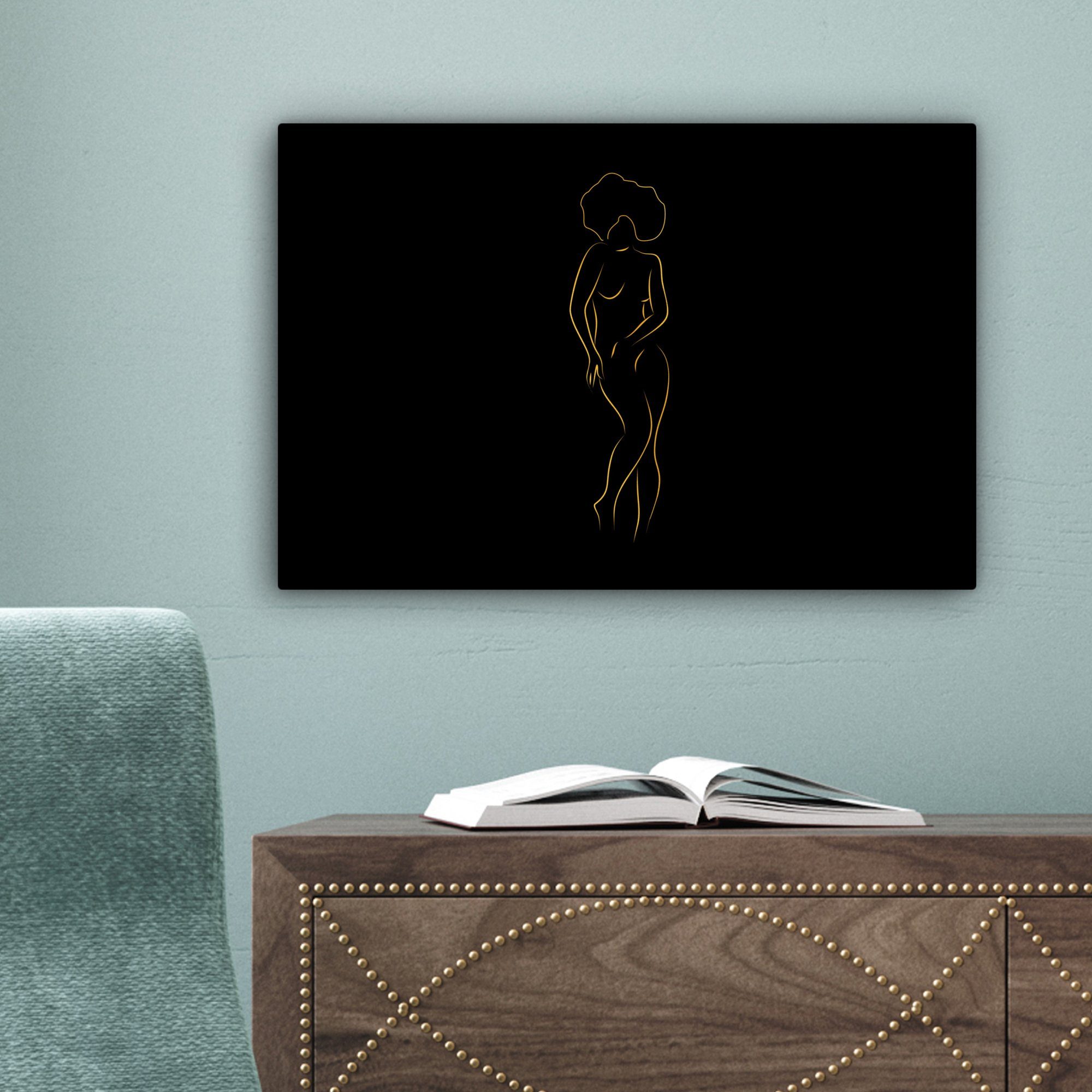 Aufhängefertig, 30x20 cm St), Leinwandbilder, - Wanddeko, - - Schwarz OneMillionCanvasses® (1 Strichzeichnung, Frau Leinwandbild Gold Wandbild