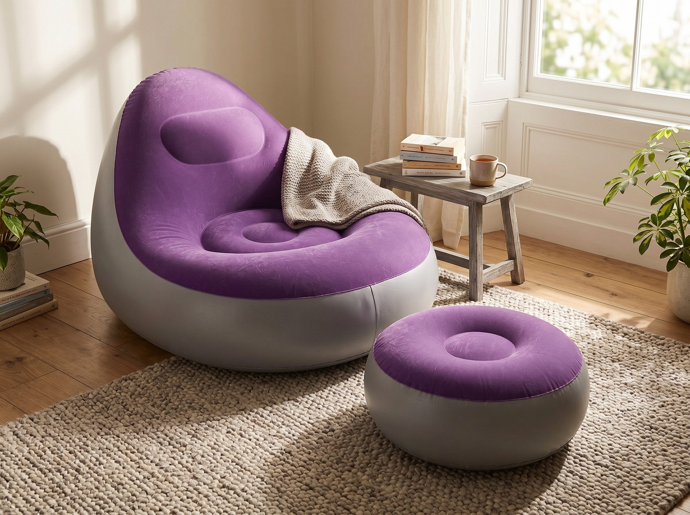 GARRYFIZH Sitzsack Aufblasbares Sofa Set mit Hocker, Relaxsessel beflockt, Lila (Set, Sitzsack), Fußpedal