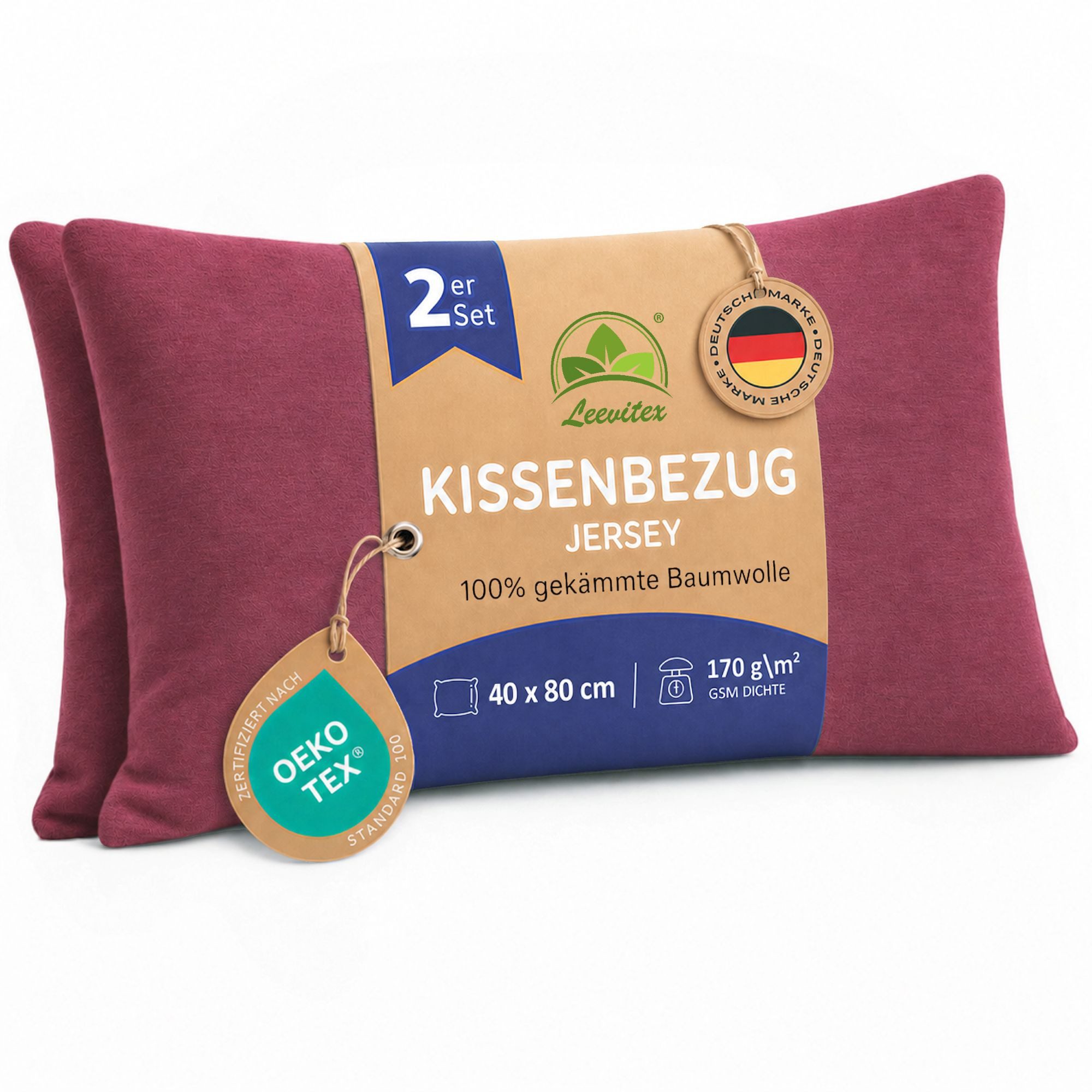 leevitex® Kissenbezüge Kissenbezug 40 x 80 cm, 2er Set, Weinrot/Bordeaux, (2 Stück), feine Jersey-Qualität, 100% Baumwolle, robuster Reißverschluss