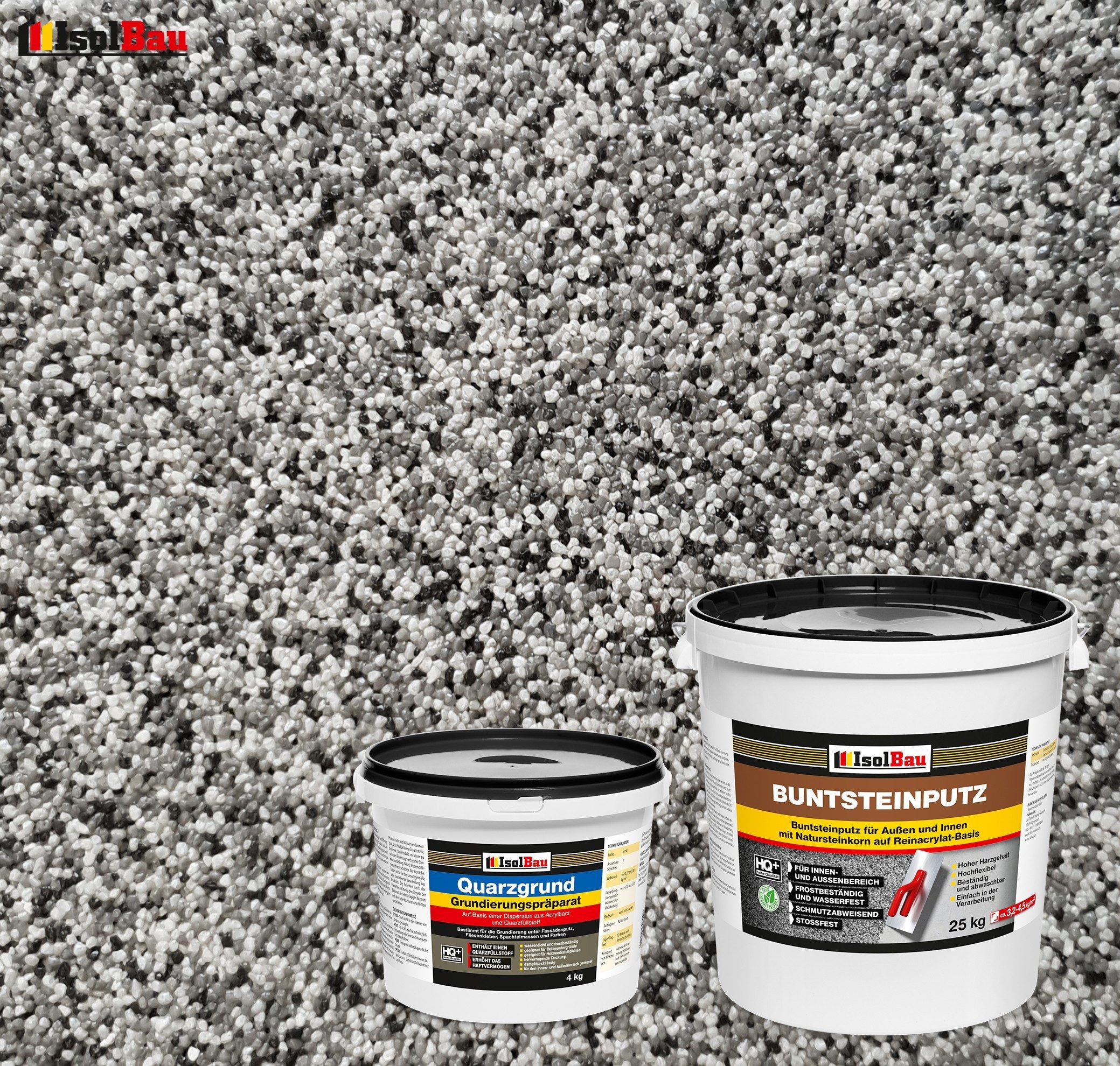 None Gipsputz Set Mosaikputz 25 kg Buntsteinputz BP20 Fertigputz + Quarzgrund 4 kg Körnung 1,8 mm; Trocknung 12–48h; Verbrauch 3,2–4,5 kg/m²