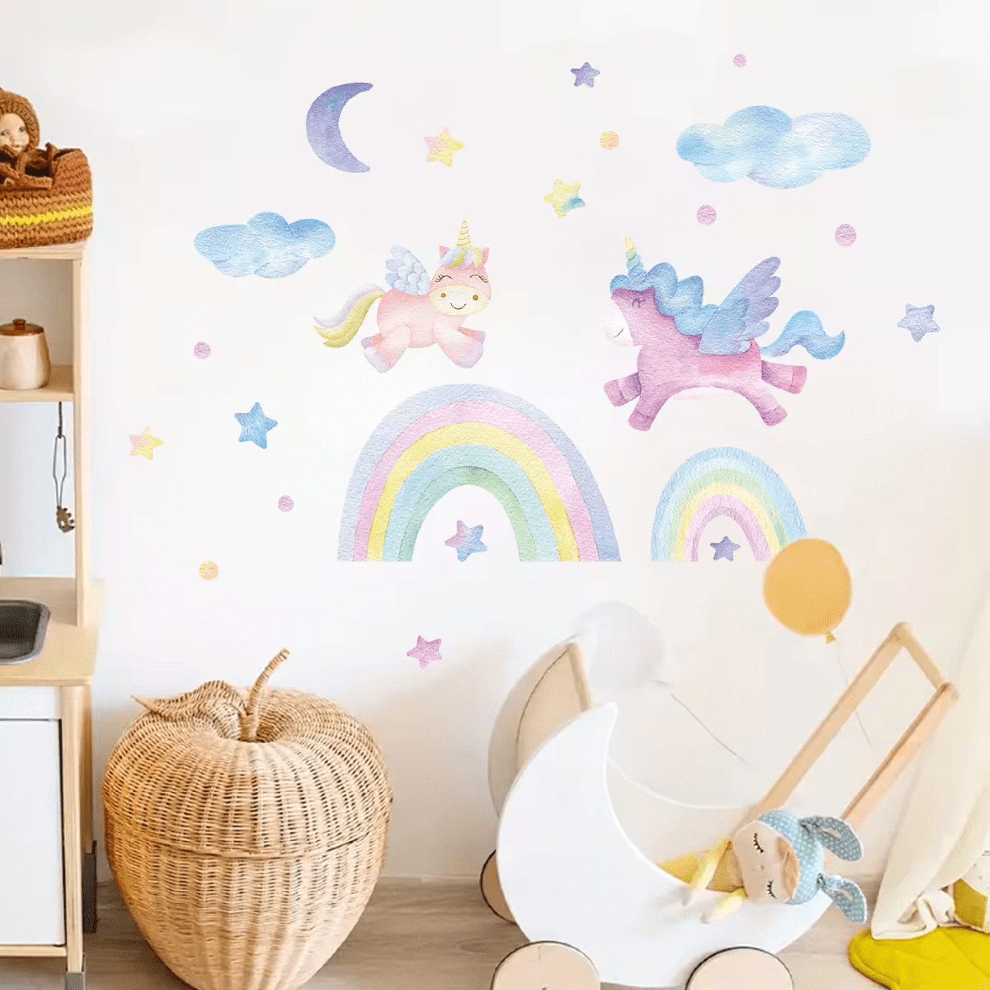 Montegoni Wandtattoo Cartoon Einhorn Regenbogen Wandaufkleber (Wolken,Mond,Sterne, Wandsticker, Wanddeko für kinderzimmer), Mädchen Kinderzimmer