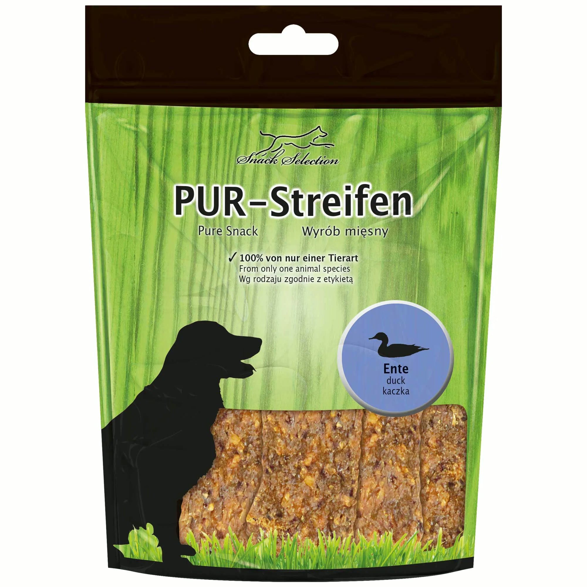 Greenhound PUR Streifen Ente -100 % purer Kauspaß für sensible Hunde Ente, Snack für: Hunde, Katzen, Gluten- & getreidefrei – gut verdaulich und magenfreundlich