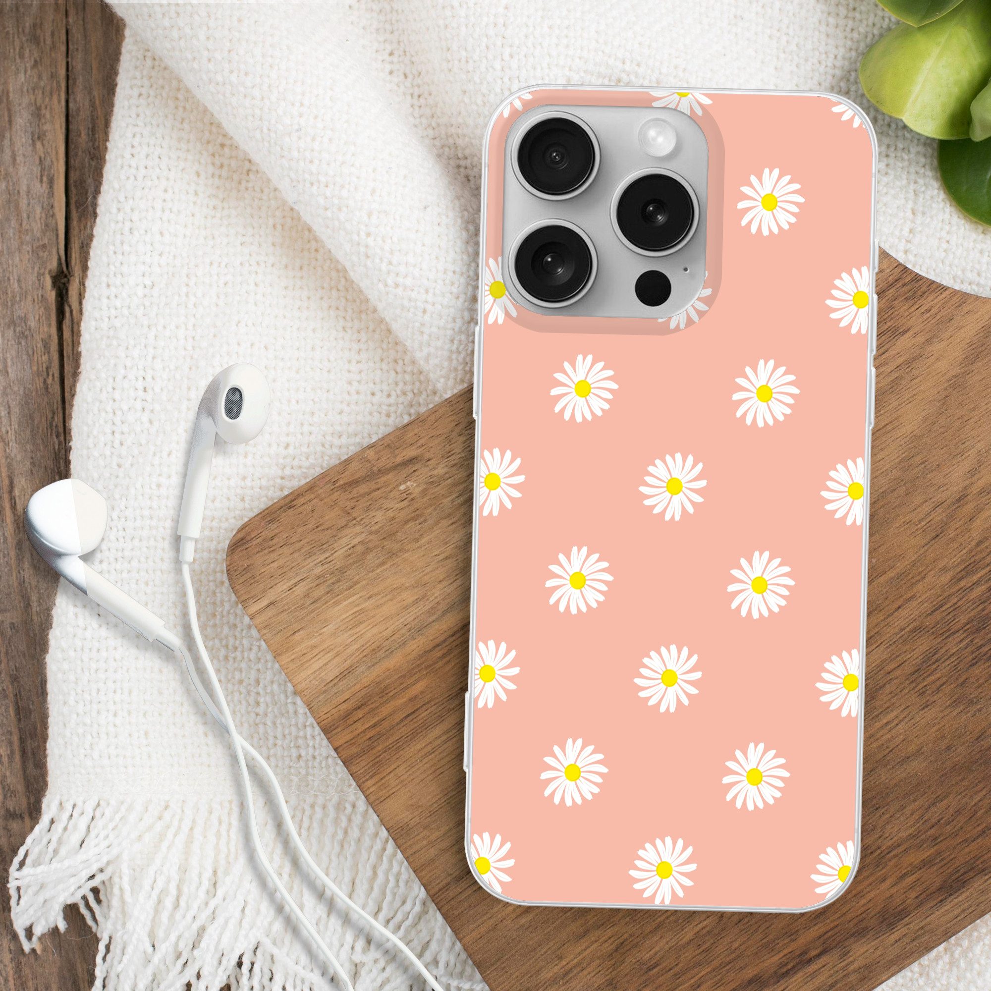 MuchoWow Handyhülle für Apple iPhone 16 Pro Gänseblümchen - Pastell - Weiß - Rosa - Blumen, Smartphone-Bumper, Print, Handy Schutzhülle Dünn