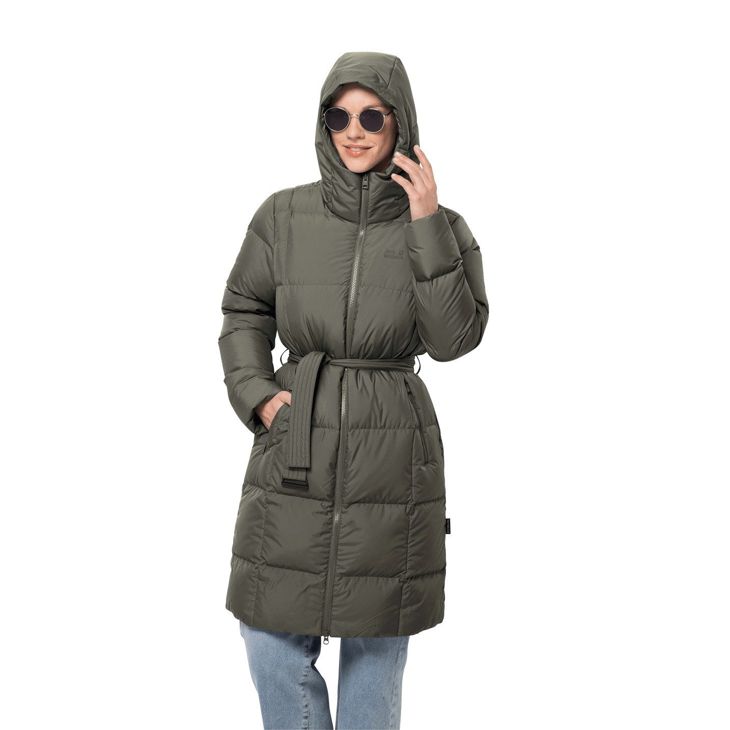 Jack Wolfskin Daunenmantel Frozen Lake Coat (winddicht, wasserabweisend) graugrün Damen