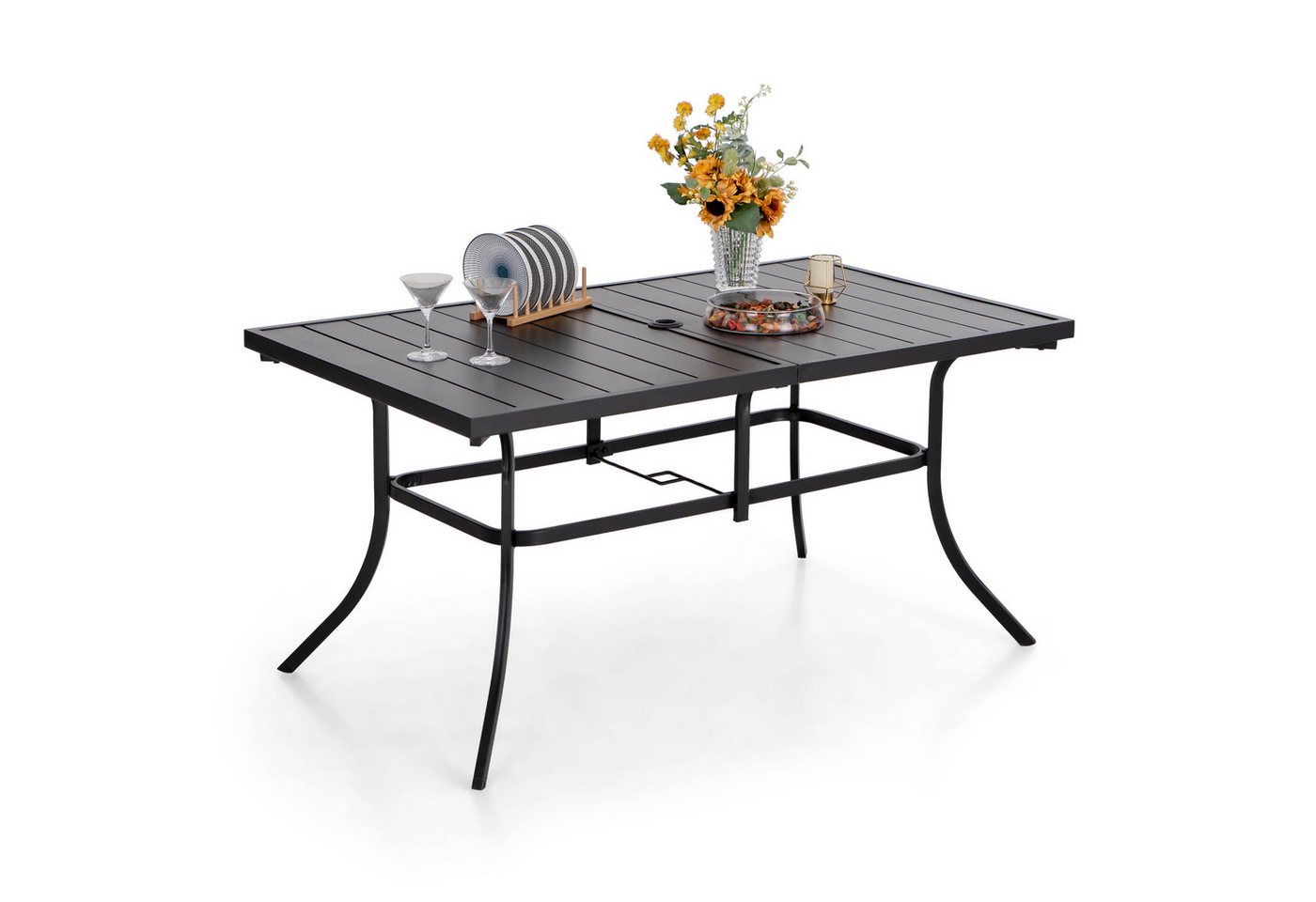 PHI VILLA Gartentisch (152 * 89 cm Gartentisch Terrassentisch Wetterfest, für 6 Personen Terrassentisch Draussen Metalltisch Gartenmöbel), Gartentisch mit Schirmloch