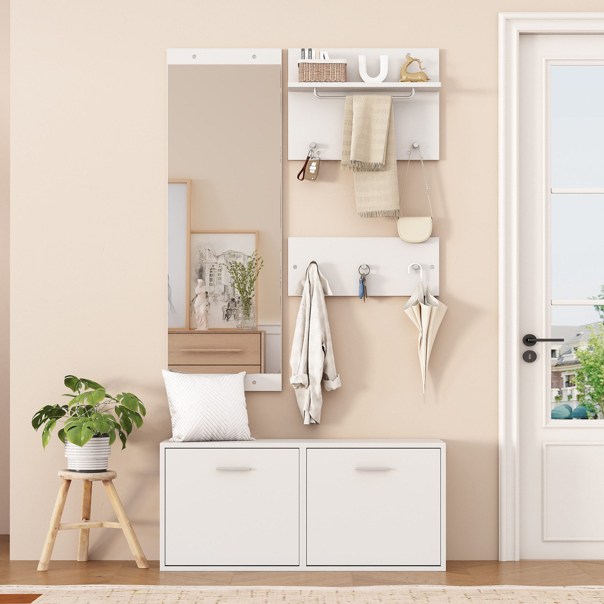 KLAM HOME Шкафы-Set 90*30*41.5cm Шкафы-Set 4-teilig mit Spiegel, (Kompaktgarderobe mit 6 Kleiderhaken, 2 Hutablage und Schuhschrank), Flur Вешалки Kleiderständer Set, Flurgarderoben Set