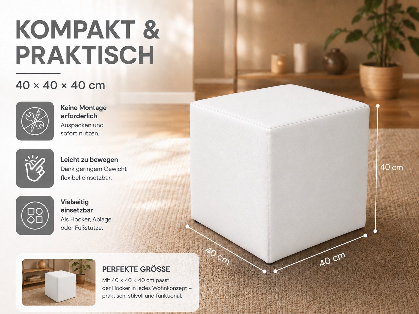 Best for Home Sitzhocker Sitzwürfel 40x40x40 cm – Multifunktionaler Sitzhocker & Fußhocker (Einzelstück, 1 St., verschiedene Farben), Handwerksqualität, pflegel – Bild 5 von 5