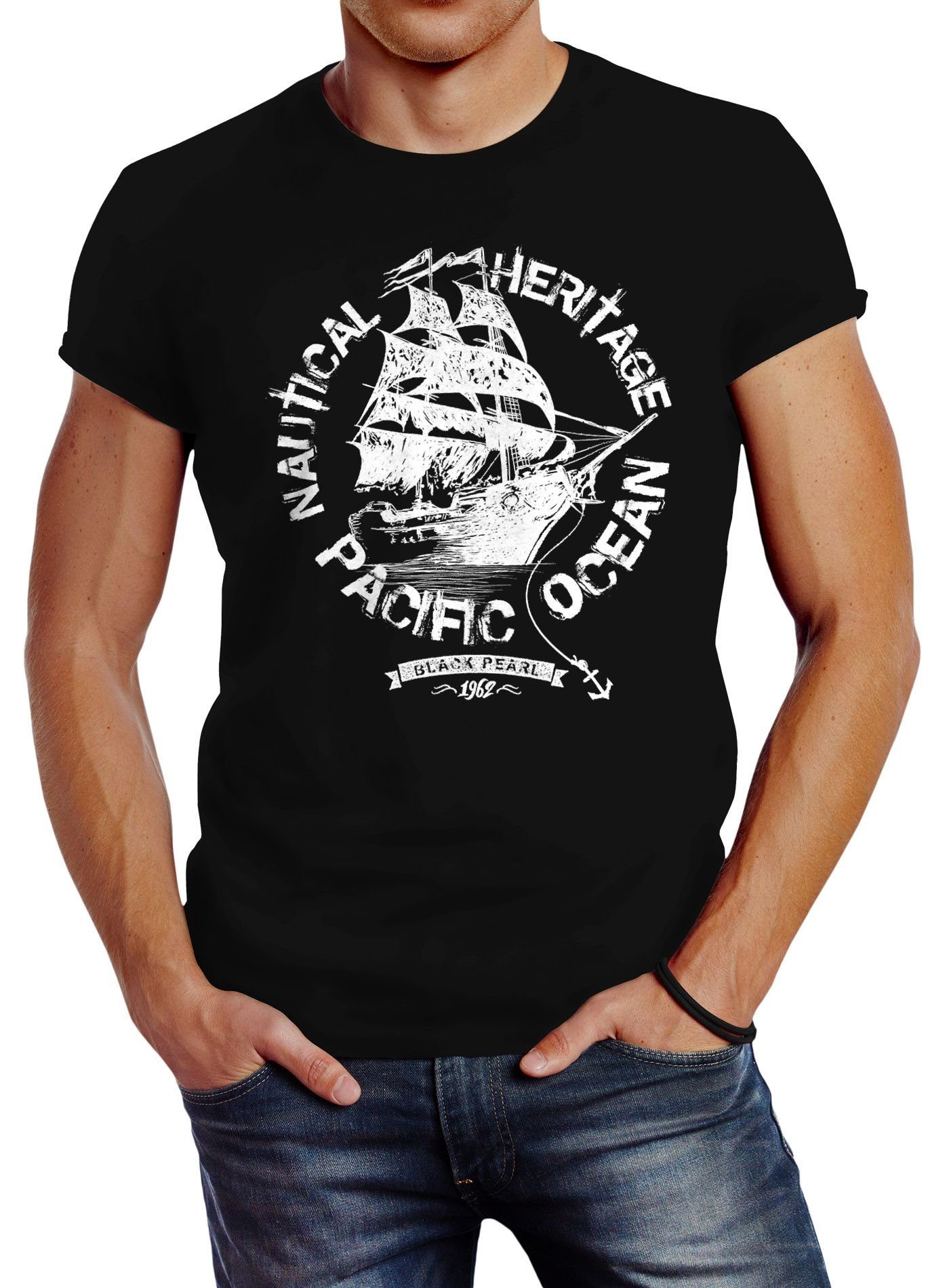 Neverless Print-Shirt Herren Fit schwarz Slim mit T-Shirt Neverless® Segelschiff Piratenschiff Print