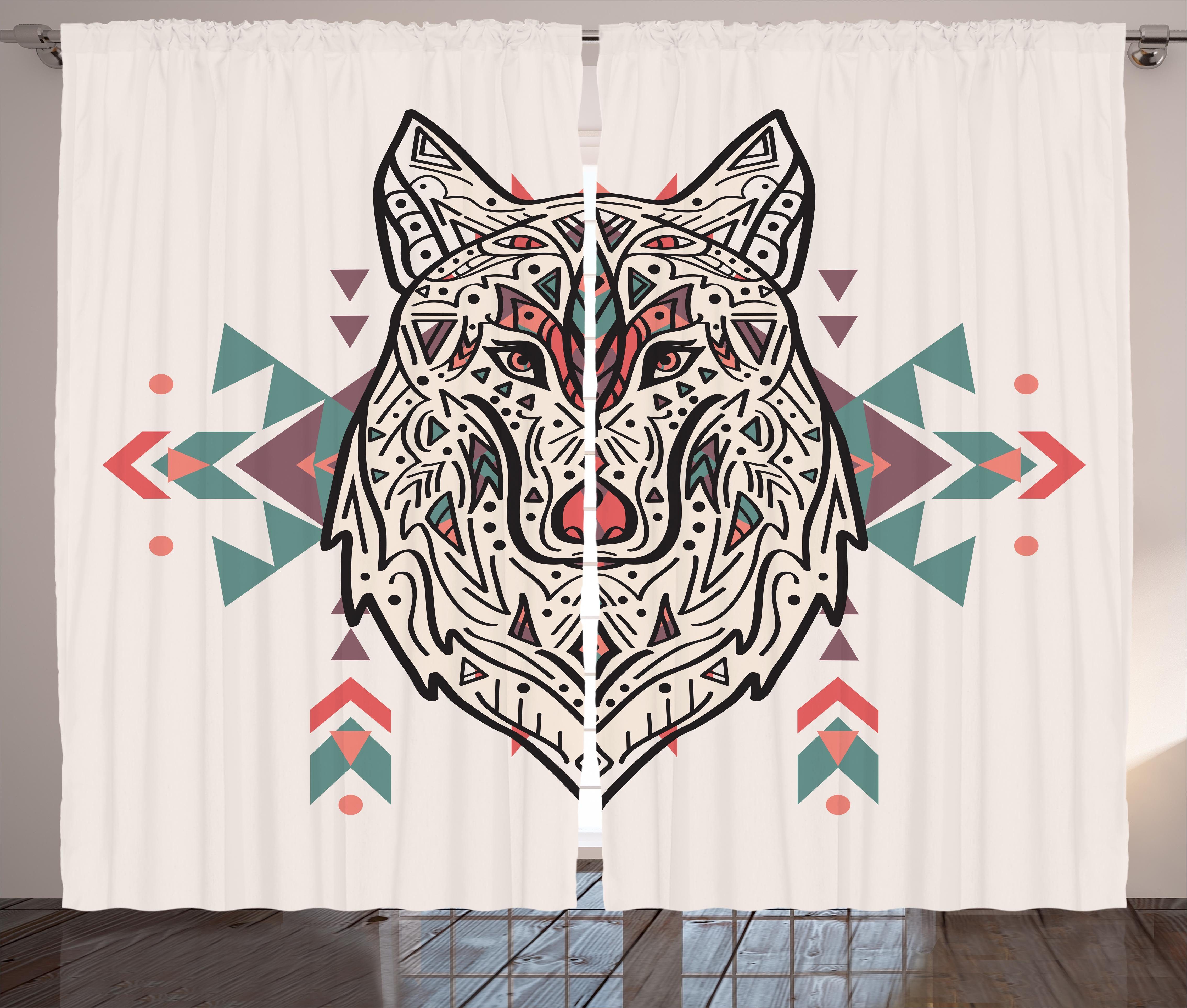 Gardine Schlafzimmer Kräuselband Vorhang mit Schlaufen und Haken, Abakuhaus, Ethnisch Big Wolf-Kopf-Verzierungen