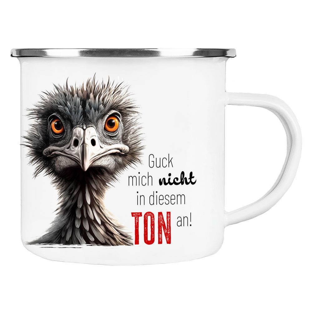 Cadouri Tasse Emaille Tasse 'Guck mich nicht in diesem Ton an' Kaffeetasse, Metall, Outdoortasse, Campingbecher Edelstahl, handgefertigt, Geschenk, 300 ml