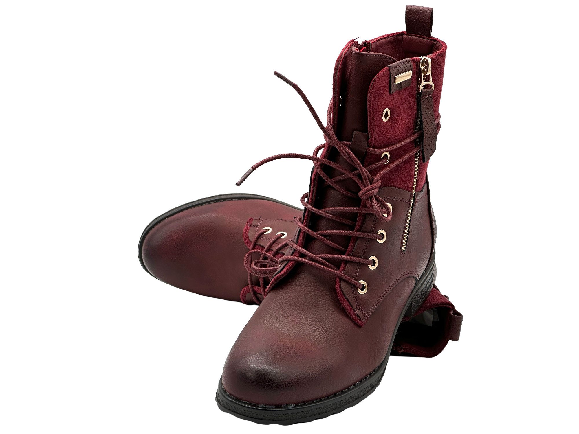 Nowaland Casual Damen Boots mit Warmfutter und Reißverschluss Stiefelette Dekorative Schnürung und kuscheliges Warmfutter