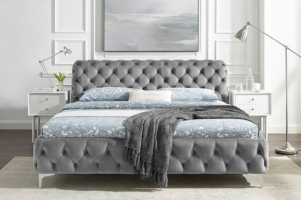 riess-ambiente Polsterbett MODERN BAROCK 160x200cm grau Samt – Barock Stil, Kopfteil, Doppelbett (Einzelartikel, 1-tlg), Chesterfield Design, Französisches Bett, bequemes Ehebett, Glamour