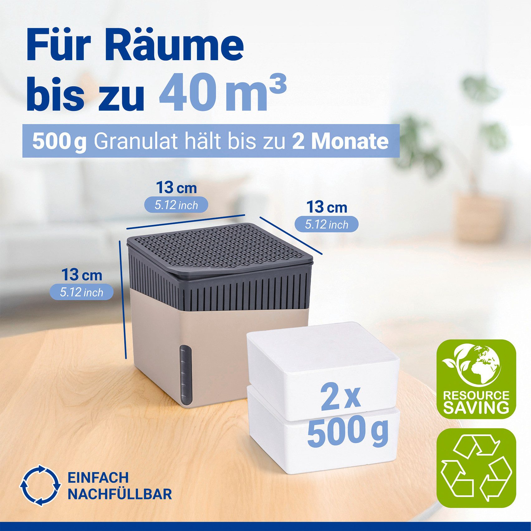 WENKO Luftentfeuchter Modell Cube, für 40 m³ Räume, Tank 0,8 l, mit 2 x 500 g Entfeuchter-Blöcken, für Räume bis 40 m³