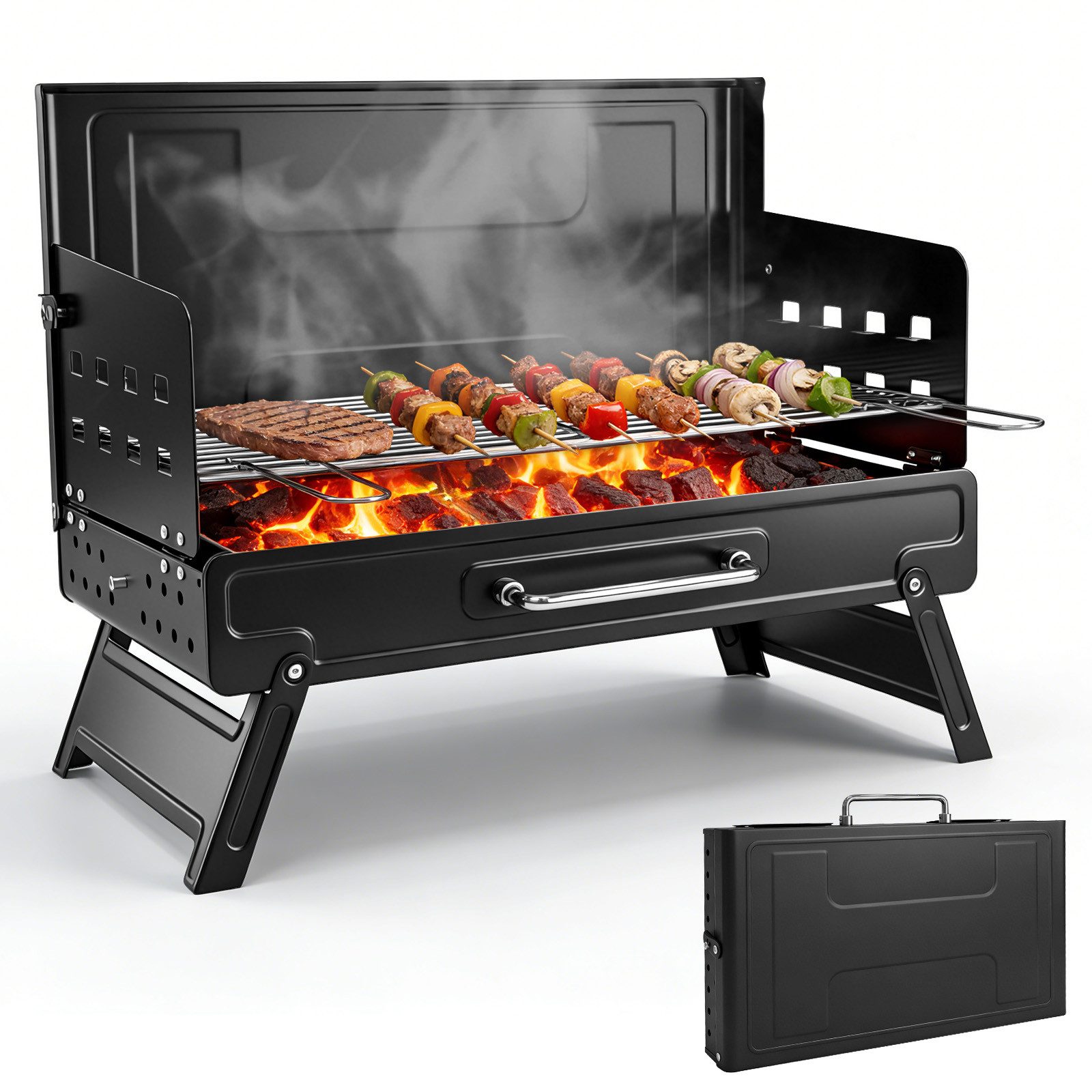SunJas Holzkohlegrill K-501 Klappgrill Campinggrill Grillfläche:50cm*27cm, Reisegrill, Tragbarer grill BBQ Grill für 3-5 Personen, 2-stufige Rosthöhenverstellung