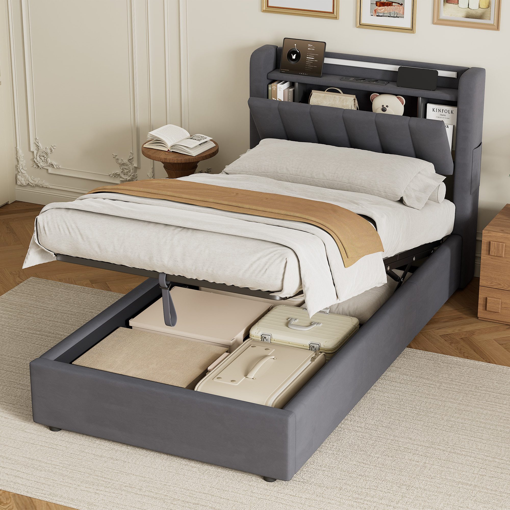 HAUSS SPOLE Polsterbett 90×200 Stauraumbett mit Bettkasten,Einzelbett Boxspringbett in Grau (90×200 Bettgestell Komfort-Einzelbett Schlafzimmerbett aus Samt, stabile Stahl-Holz-Konstruktion für hohen Schlafkomfort), Bettrahmen ohne Matratze