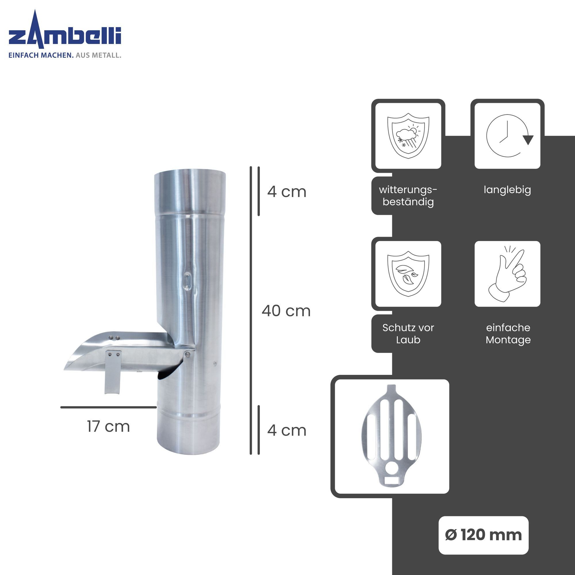 Zambelli Regenfallrohr, (Regenrohrklappe, Regenwasserklappe mit Sieb 120mm Silber), Regenwasser Fallrohr Klappe, Laubschutz durch Sieb, Titanzink