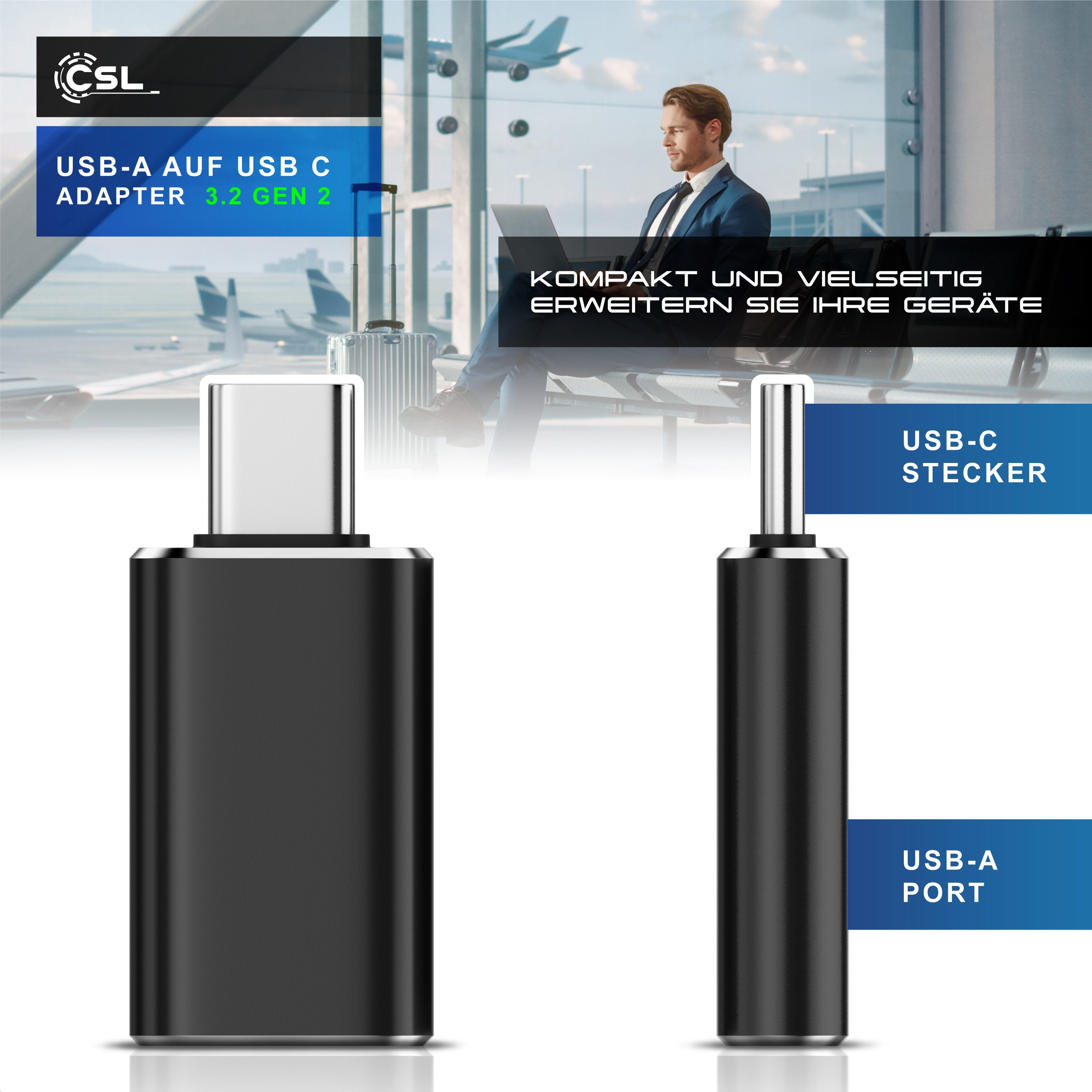 CSL Stecker USB-C auf USB-A Buchse für Handy, Laptop & Tablet, Konverter USB-Adapter USB Typ C zu USB Typ A, 10 Gbit/s, USB 3.2 Gen 2, OTG, Aluminium, Plug & Play