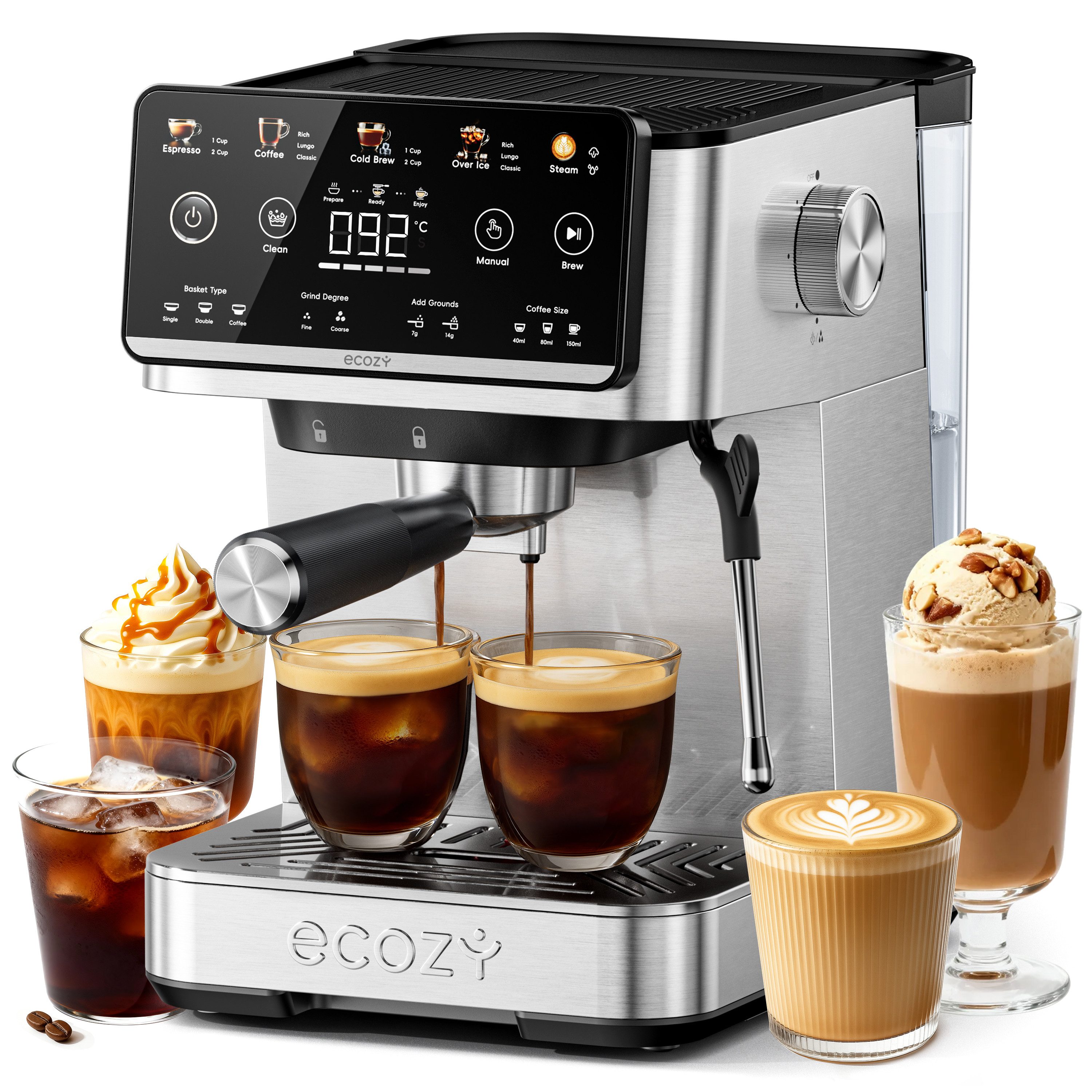 eCozy Espressomaschine mit Milchaufschäumer, Interaktiver Touchscreen, 4-in-1 Siebträgermaschine für Espresso, Kaffee, Cold Brew, Over Ice, Cappuccino, Latte, Siebfilter, One-Touch-Selbstreinigung, Schnelle Aufheizzeit