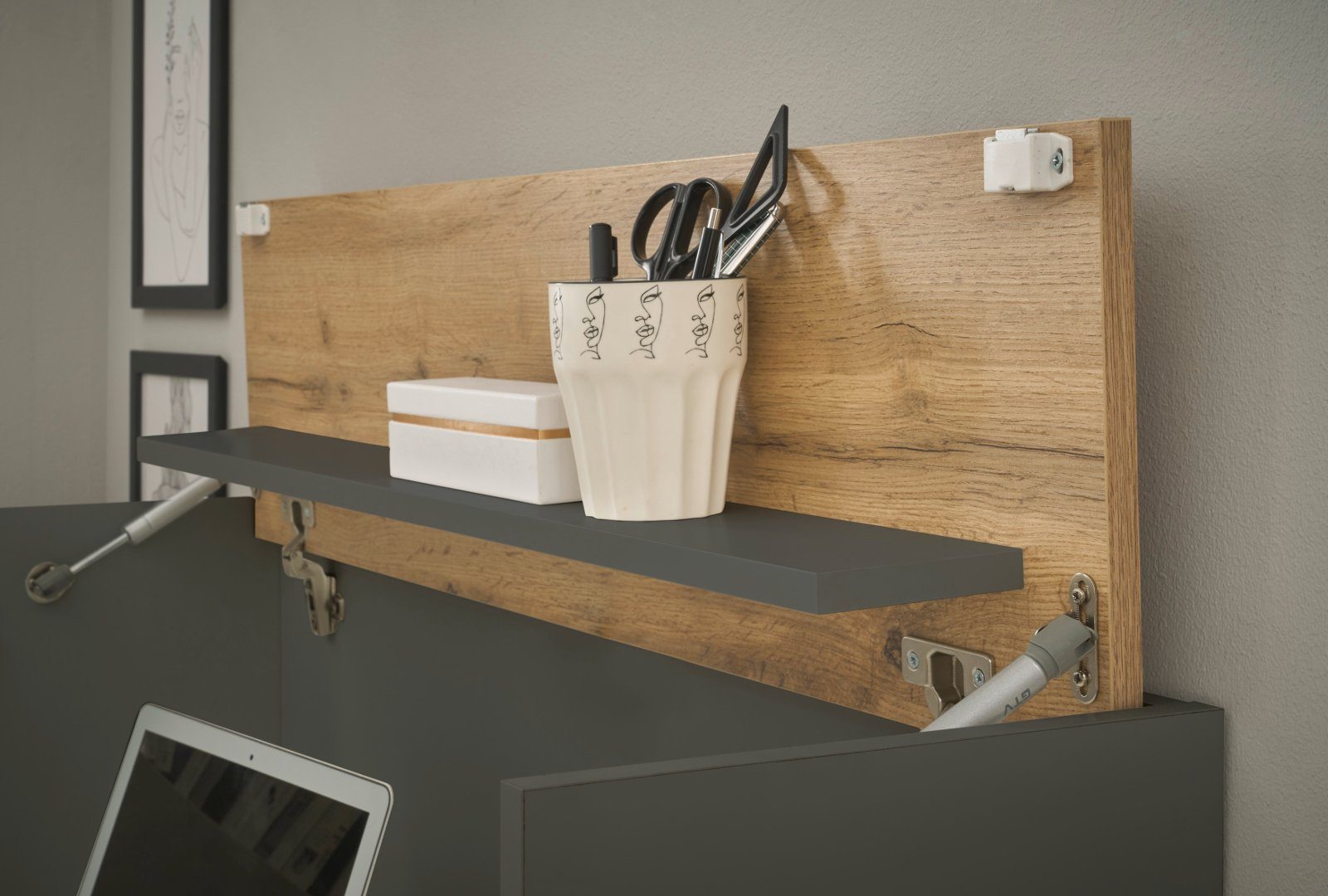 Furn.Design Wandsekretär Center (Hängeschrank in grau mit Wotan Eiche, 100 x 35 (57) cm), ausklappbar