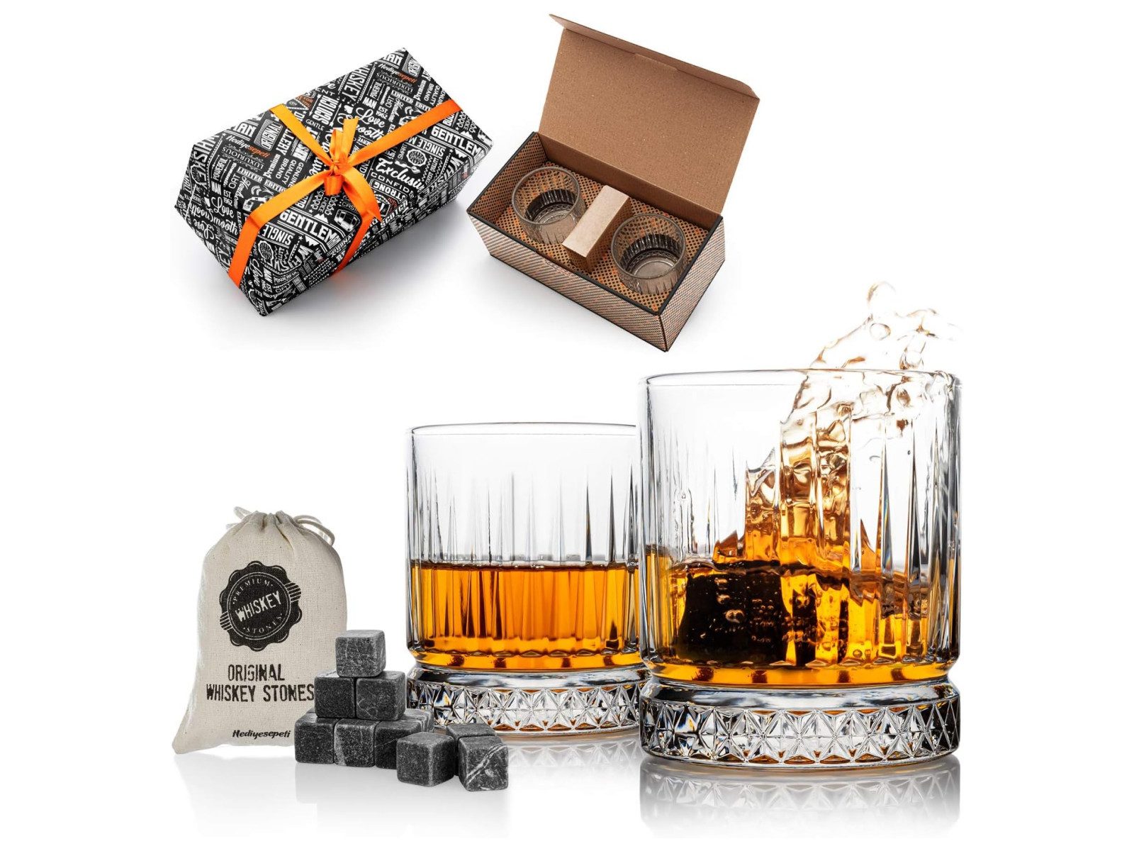 Hediyesepeti Cocktail-Set Whisky Stones Set mit 12 Marmor Eiswürfeln und 2 Gläsern inklusive, (12-tlg)