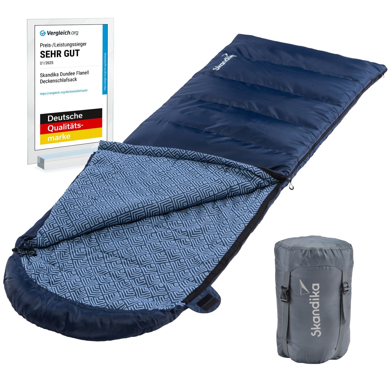 Skandika Deckenschlafsack Dundee Baumwollflanell, Koppelbar, Kopfteil mit Kordel (Reißverschluss mit Webband-Klemmschutz, Innentasche mit Klett), 3 Jahreszeiten, bis -20°C, Packsack mit Kompressionsbändern, 220x80cm