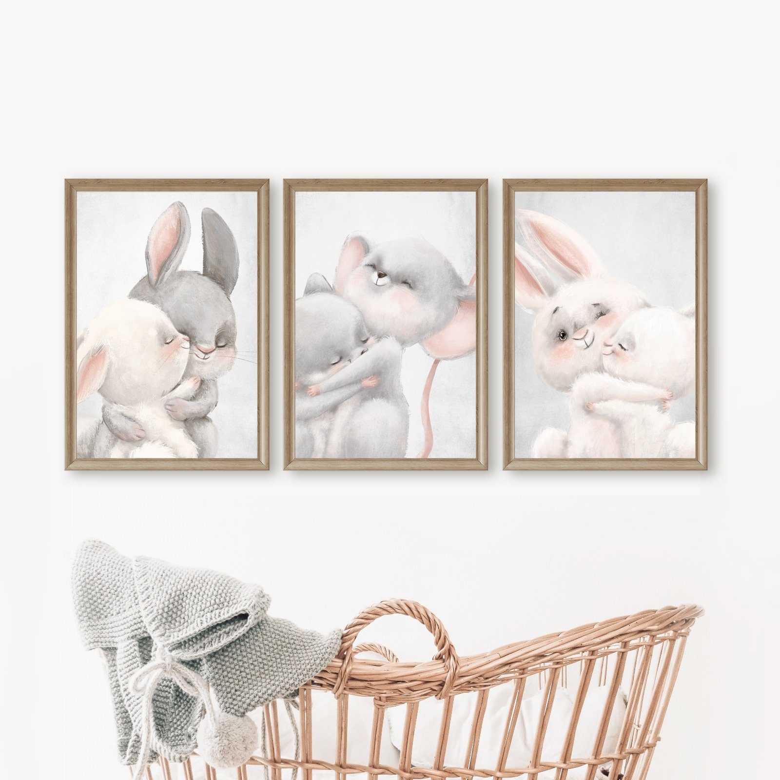 homestyle-accessoires Poster Bilderset Kinderbilder KUSCHELTIERE PASTELL HASE MAUS 3er A4/A3 Baby, - Ohne Bilderrahmen - Sorgfältige & sichere Verpackung