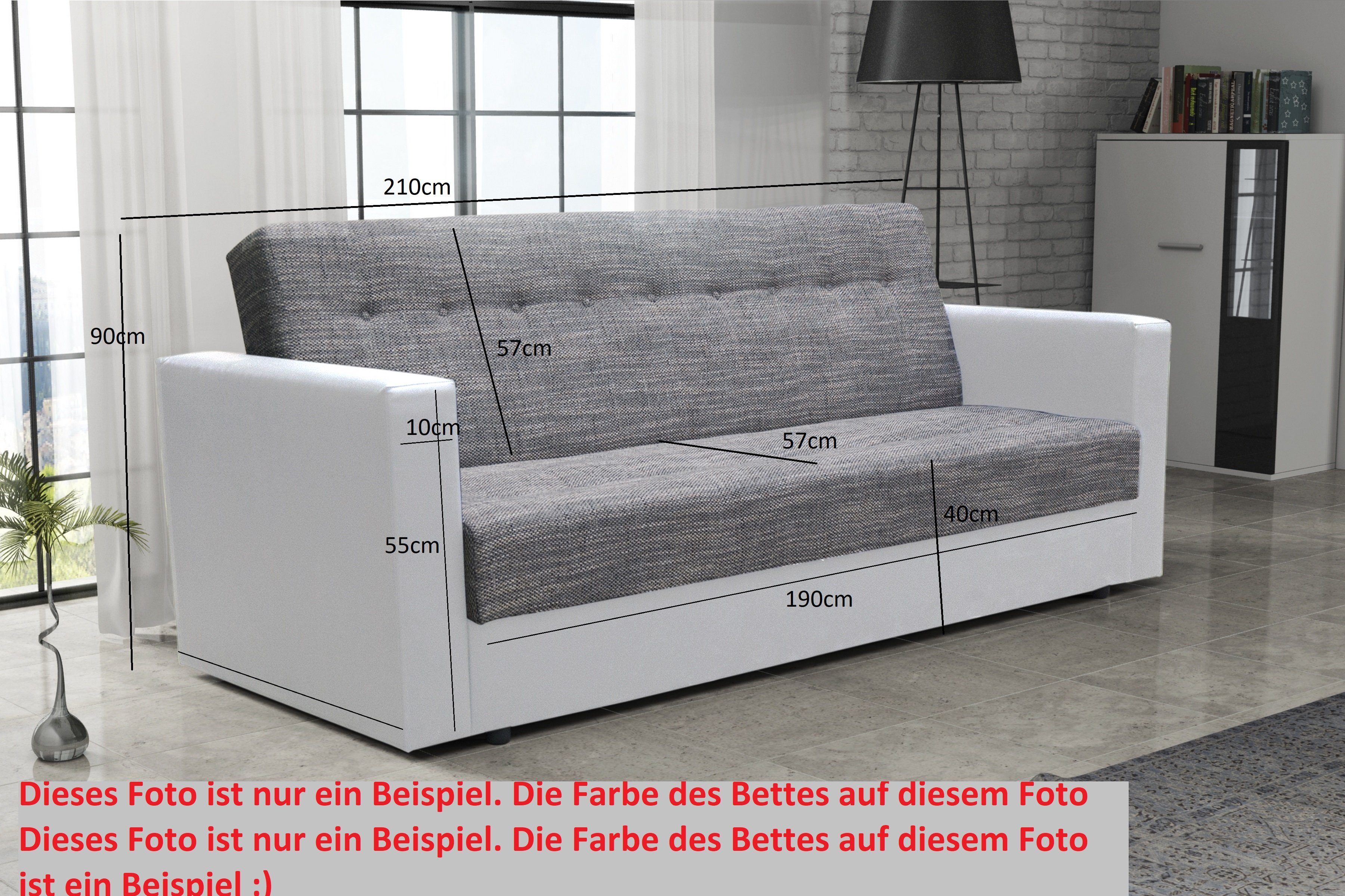 und PLUS 210cm Sofa COUCH mit Schlafsofa, Bettkasten Schlaffunktion pressiode Grau+Weiß WIND