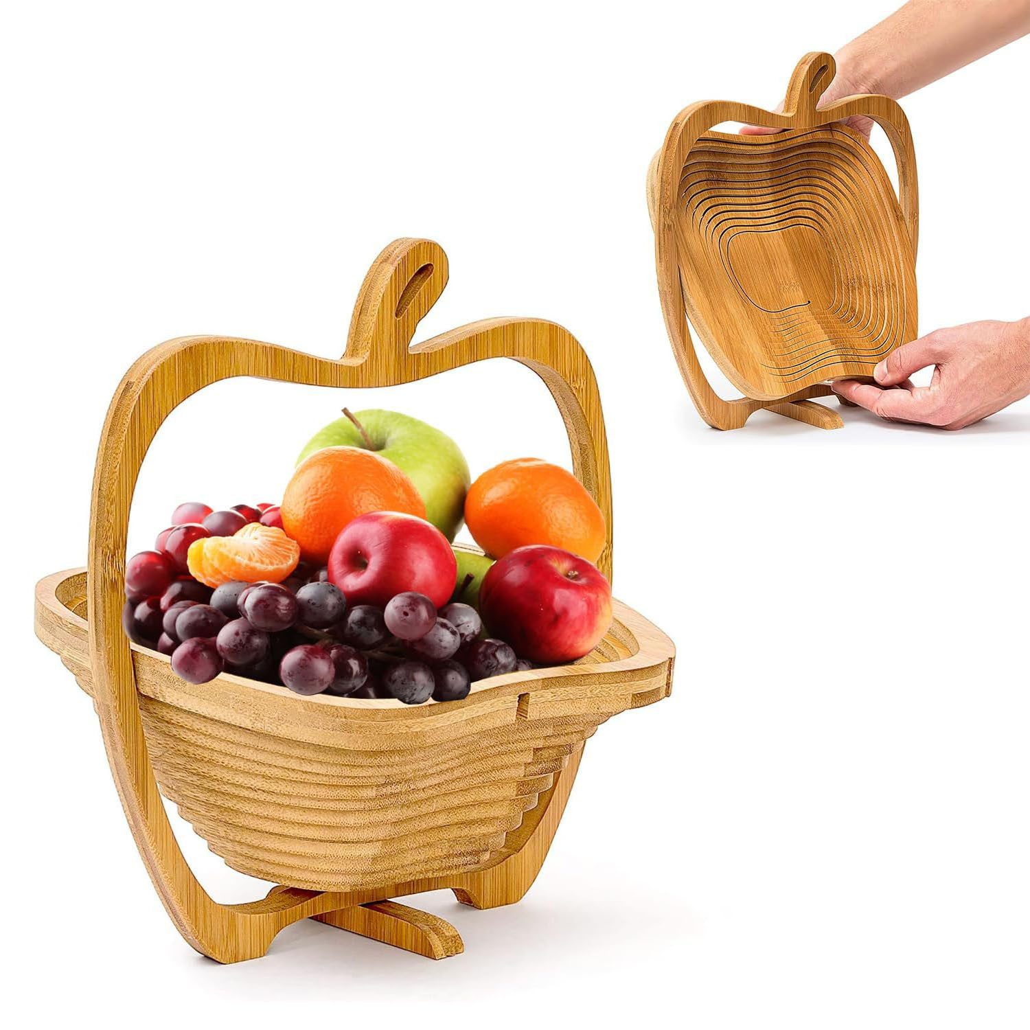 STILVORA Obstschale Obstkorb mit Griff Küchen Obstschale für Obst, Gemüse & Brot, Bambus, (zum Falten Holz Obst Schale in originellem Apfel-Design, 1-tlg), Aufbewahrungsschale für Obst Gemüse Brötchen Camping usw
