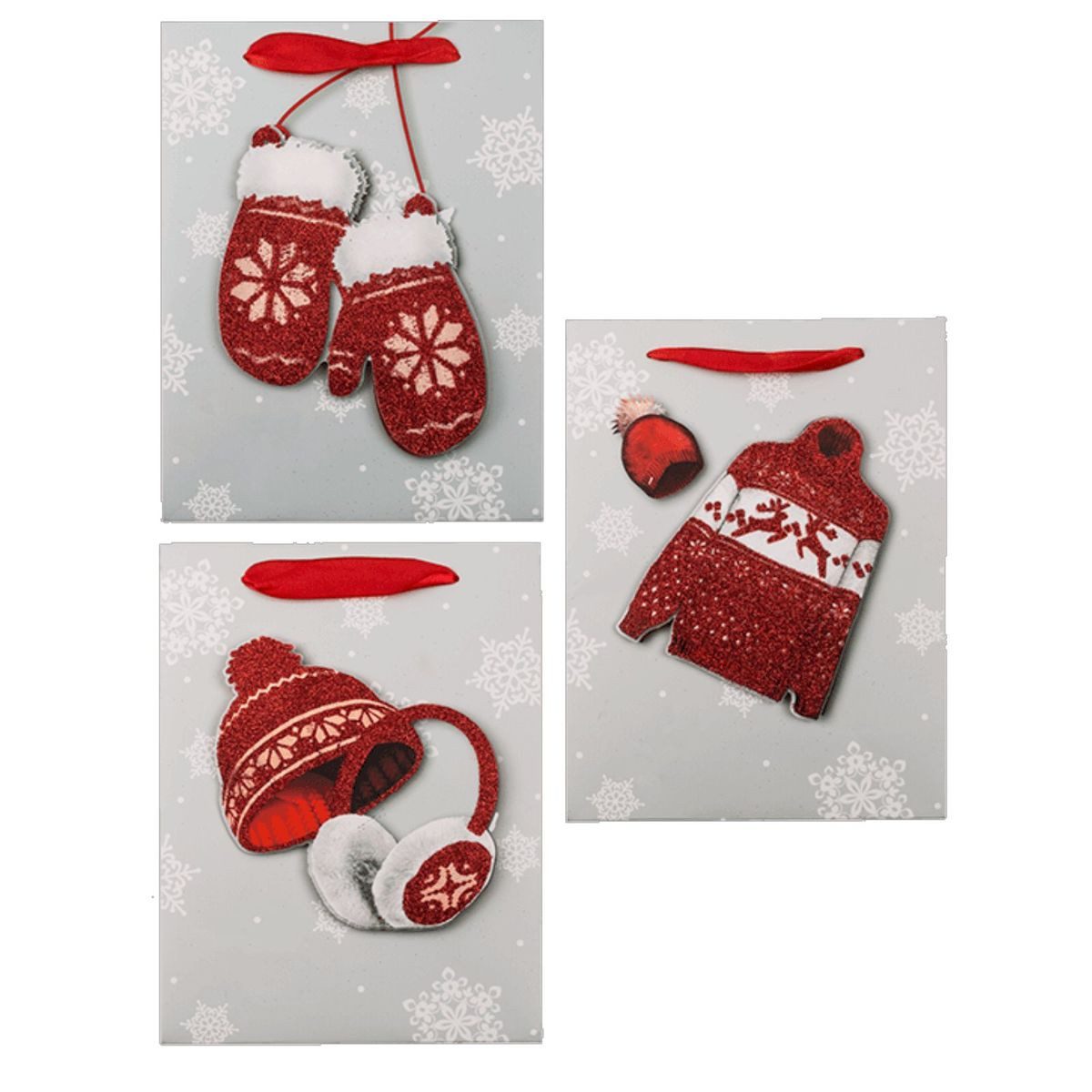 Tragetasche 3er Set 3D Glitzermotiv Geschenktasche Geschenktüte mit Tragegriff