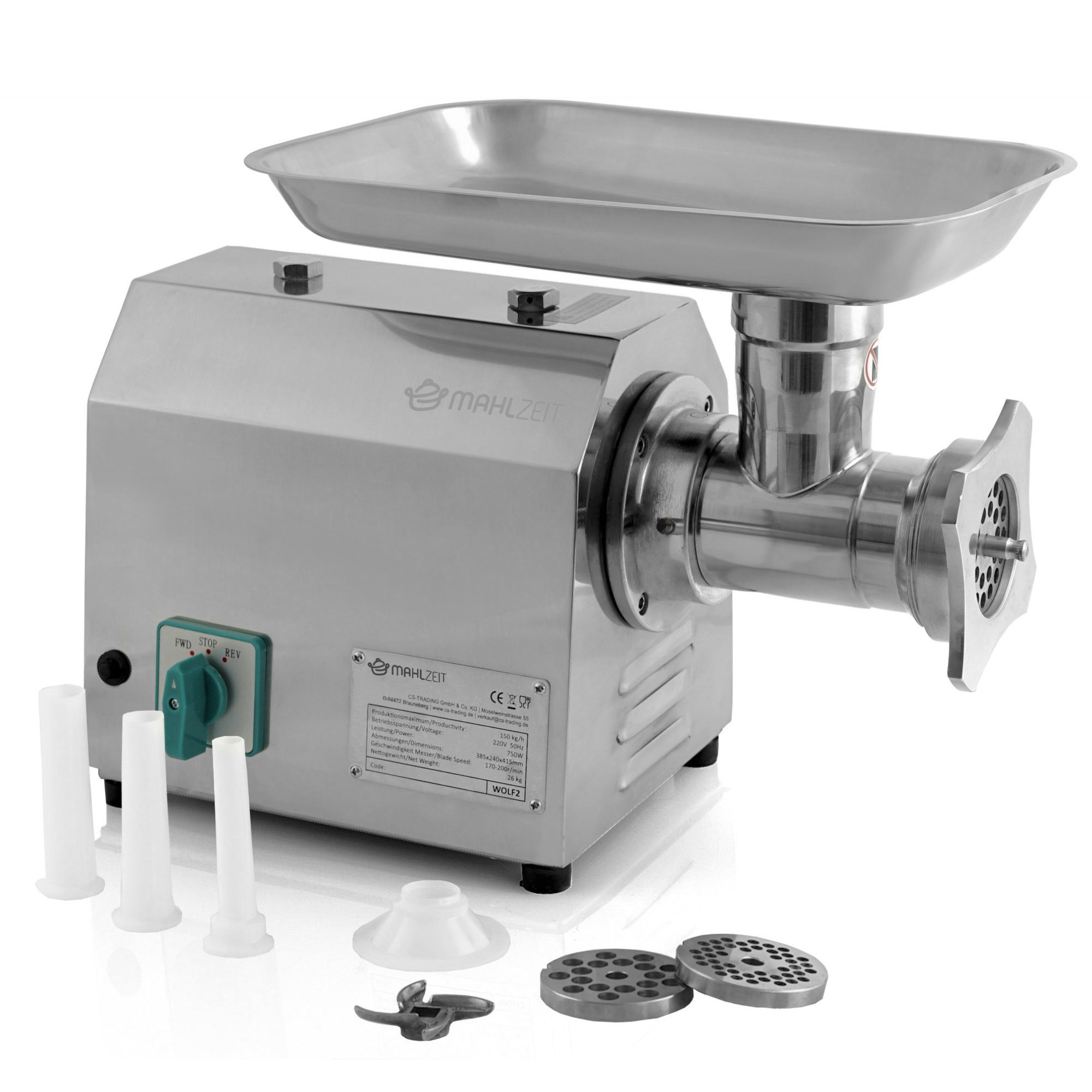 Mahlzeit Fleischwolf Profi Edelstahl Fleischwolf elektrisch, 750W - 150kg/h, Wurstfüller, 750 W