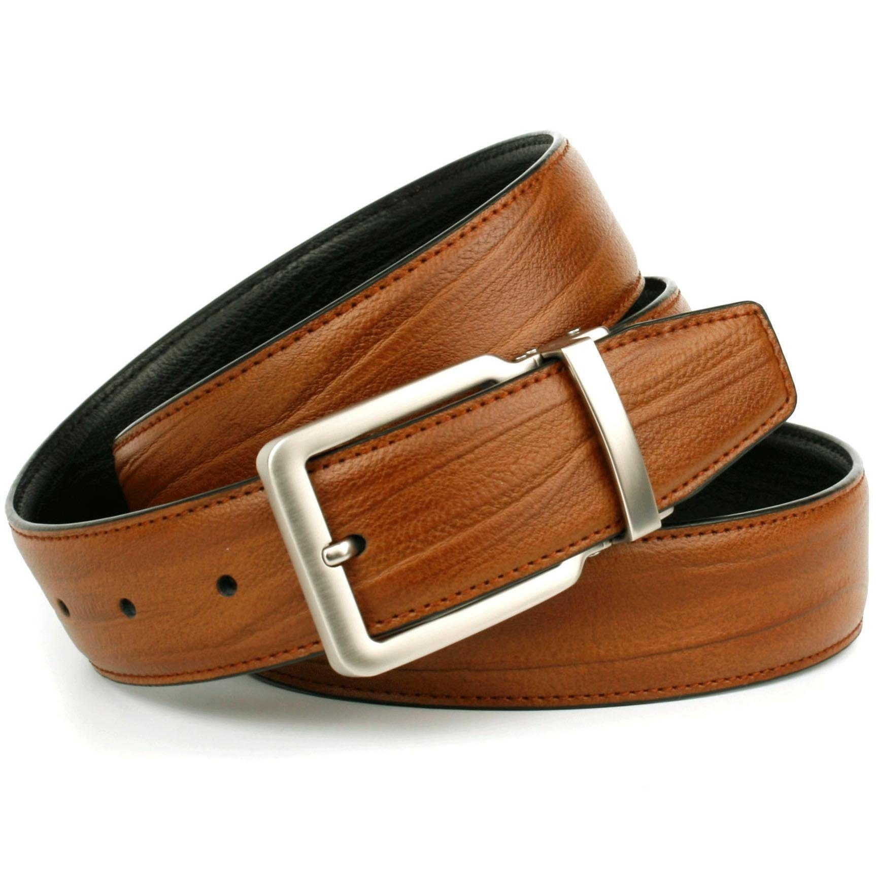 Anthoni Crown Ledergürtel Wendegürtel in cognac und schwarz, Schließe silberfarben