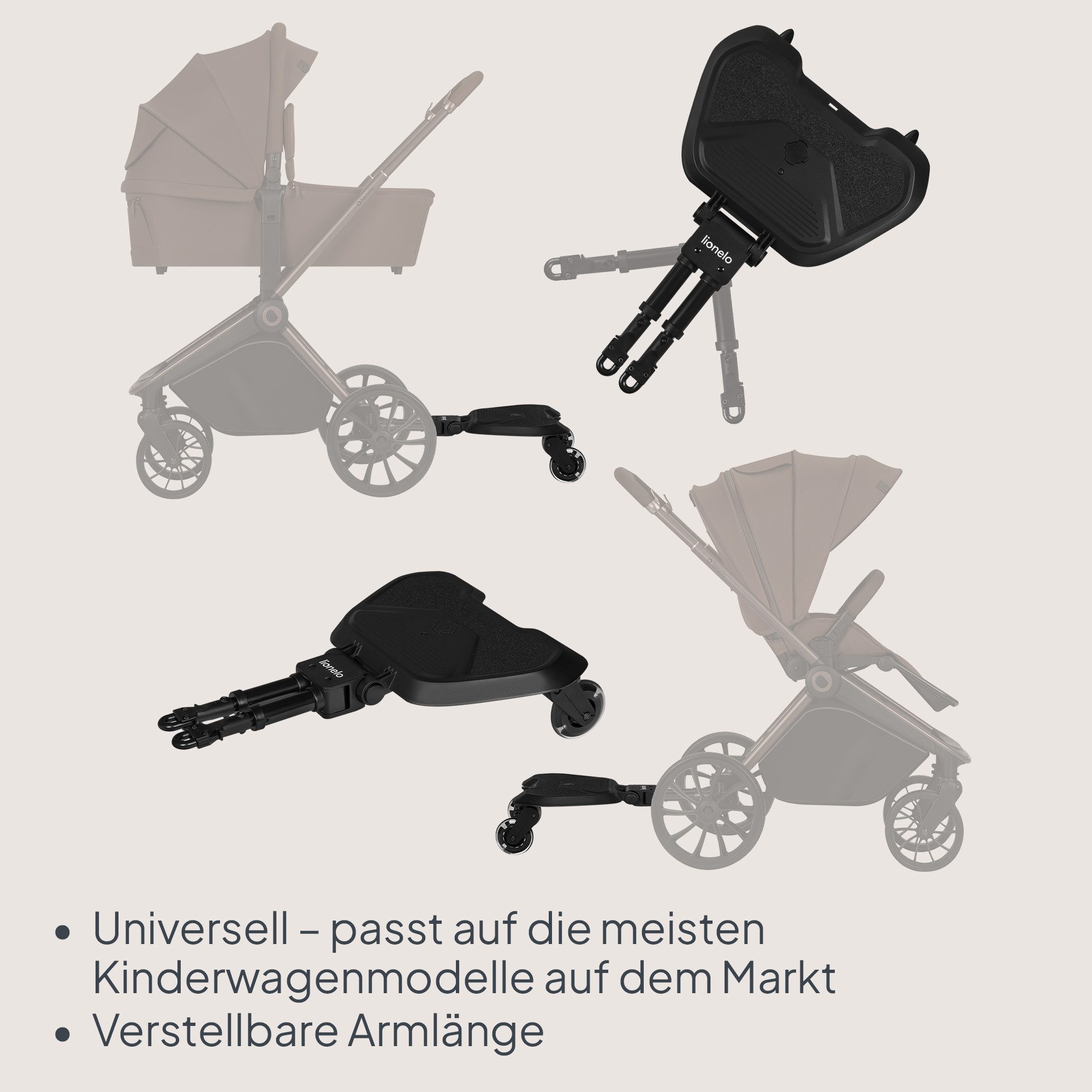 lionelo Buggyboard BUGGY BOARD (Set, Plattform + Sitz + Gurt + Montage), Universal/Stand&Sitz/3Höhen/LED-Räder/25kg