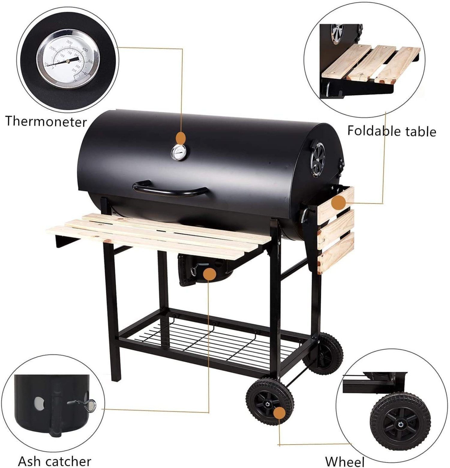 SunJas Holzkohlegrill XL CA-30 mit Holzregal Thermometer und Aschenbecher, Grillfläche: 70 x 38,5 cm, Gartengrill mobiler Grill Outdoor Grill