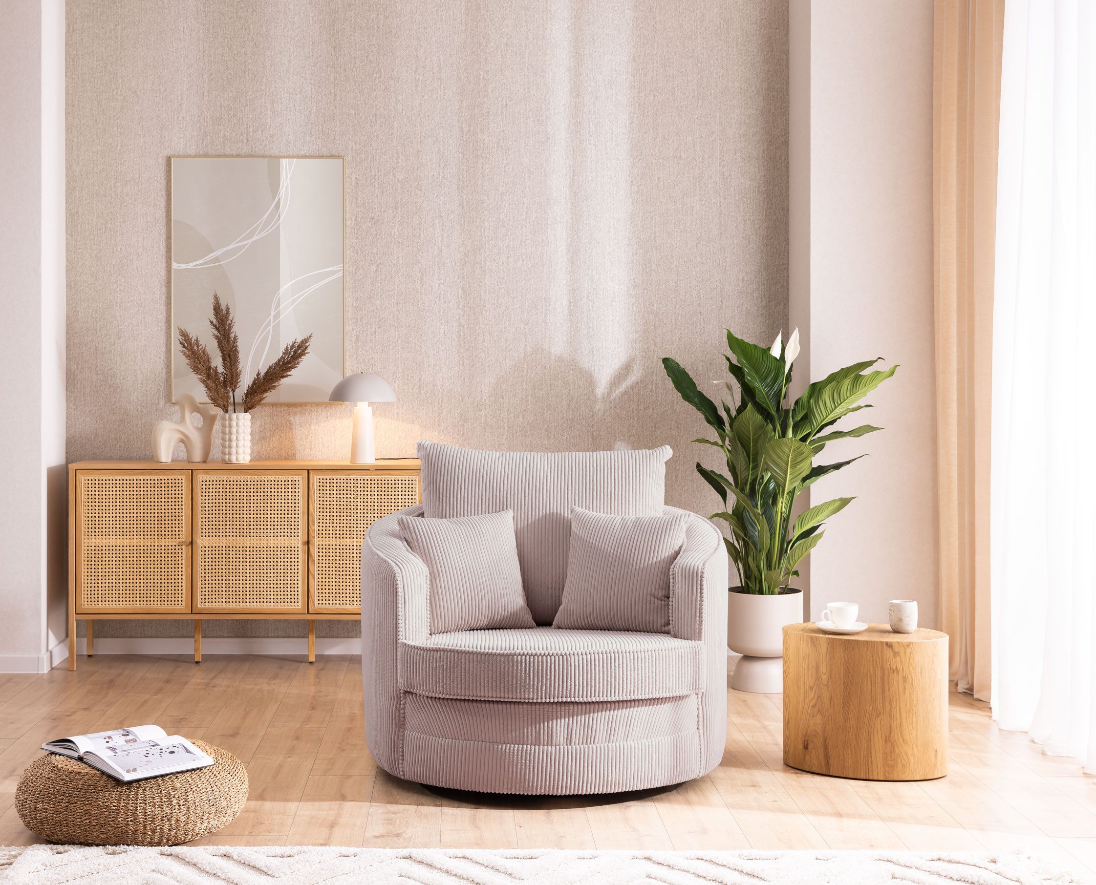 S-Style Möbel Drehsessel Ted Love Seat XXL 360 Grad drehbar aus Cord-Stoff, mit Wellenfederung