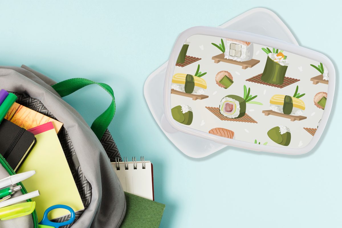 weiß Kinder Sushi Lunchbox MuchoWow und (2-tlg), Brotbox Jungs und Lebensmittel, Brotdose, für Mädchen - Kunststoff, Muster für Erwachsene, -
