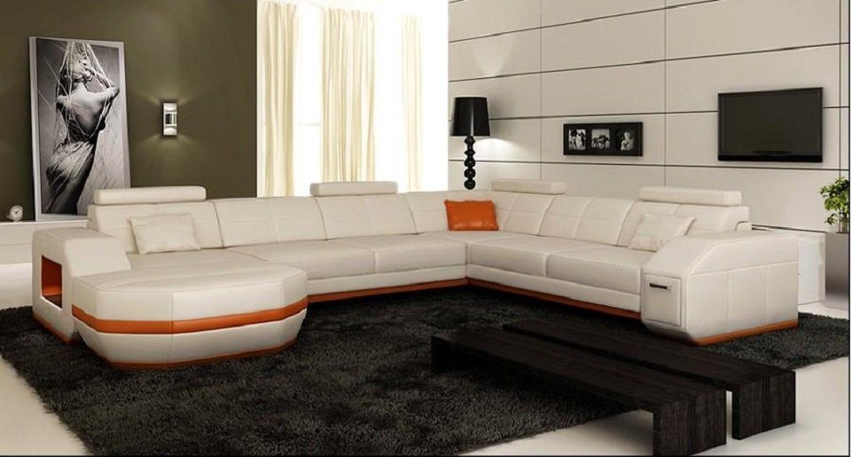 JVmoebel Ecksofa Ecksofa Ledersofa Big xxl U Form Wohnlandschaft Sofa Couch Ecke, Made in Europe Weiß/Orange