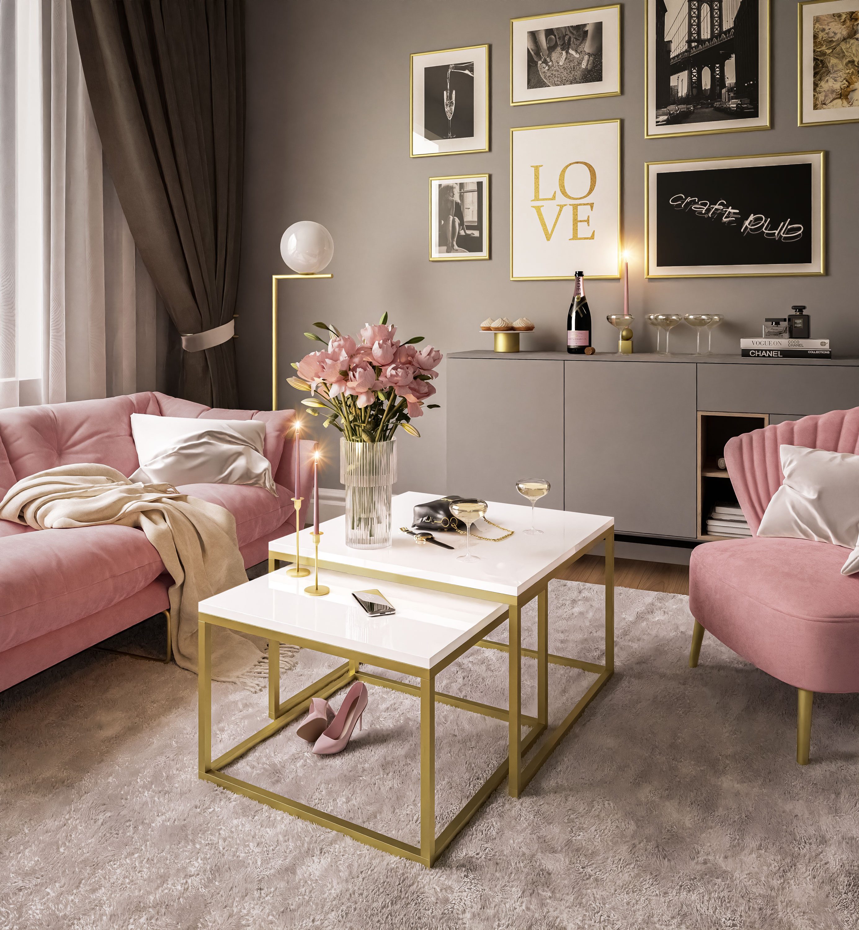 Lookway Couchtisch YOSHI 2in1 auf goldenem Gestell matt (2er-Set), Breite: günstig online kaufen