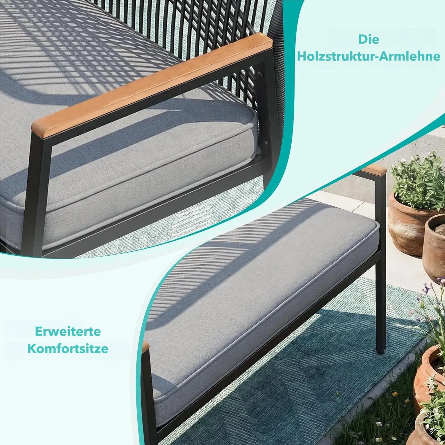 TLGREEN Gartenbank Rattan,2-Sitzer Gartenstuhl Polyrattan,Sitzbank Outdoor, (Gartenmöbel mit 8 cm dicken Sitzkissen, WPC Armrest), für Terrasse, Garten, Veranda