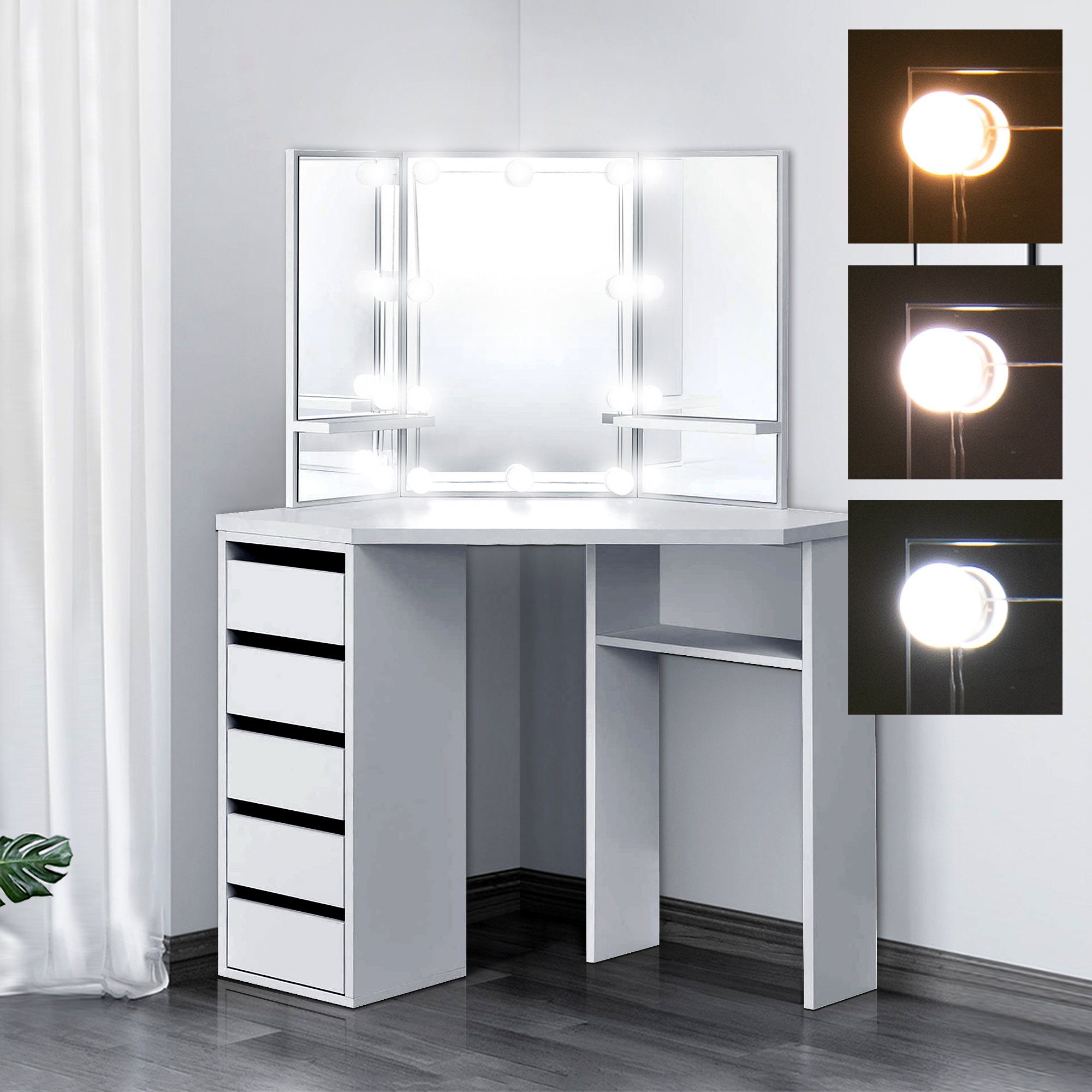 ML-DESIGN Schminktisch Frisiertisch Kosmetiktisch Ablagefächern Frisierkommode Weiß Tisch, 110x141,5x54cm LED-Beleuchtung Schubladen Spiegel Make-up