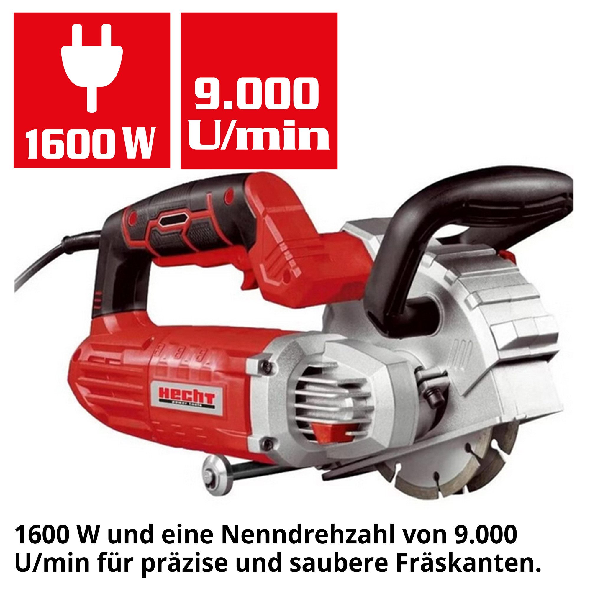 Hecht Mauernutfräse 1660 1600 W, Schnittbreite 8-26 mm, Schnitttiefe 30 mm, 9000 U/min, (1-tlg), Wandschlitzfräse, Schlitzfräse, Diamant-Trennscheiben, staubarm