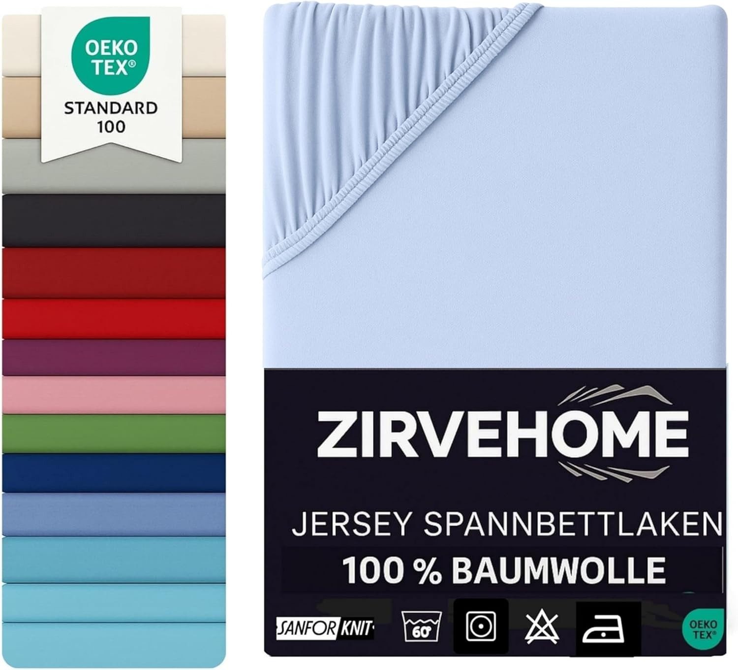 ZIRVEHOME Spannbettlaken 90x200 cm. Jersey Spannbetttuch 100% Baumwolle Bettlaken, Jersey, Gummizug: Rundumgummi, (1 Stück), Baumwolle Spannbettlaken 90x200 cm bis 25 cm Höhe, Hellblau