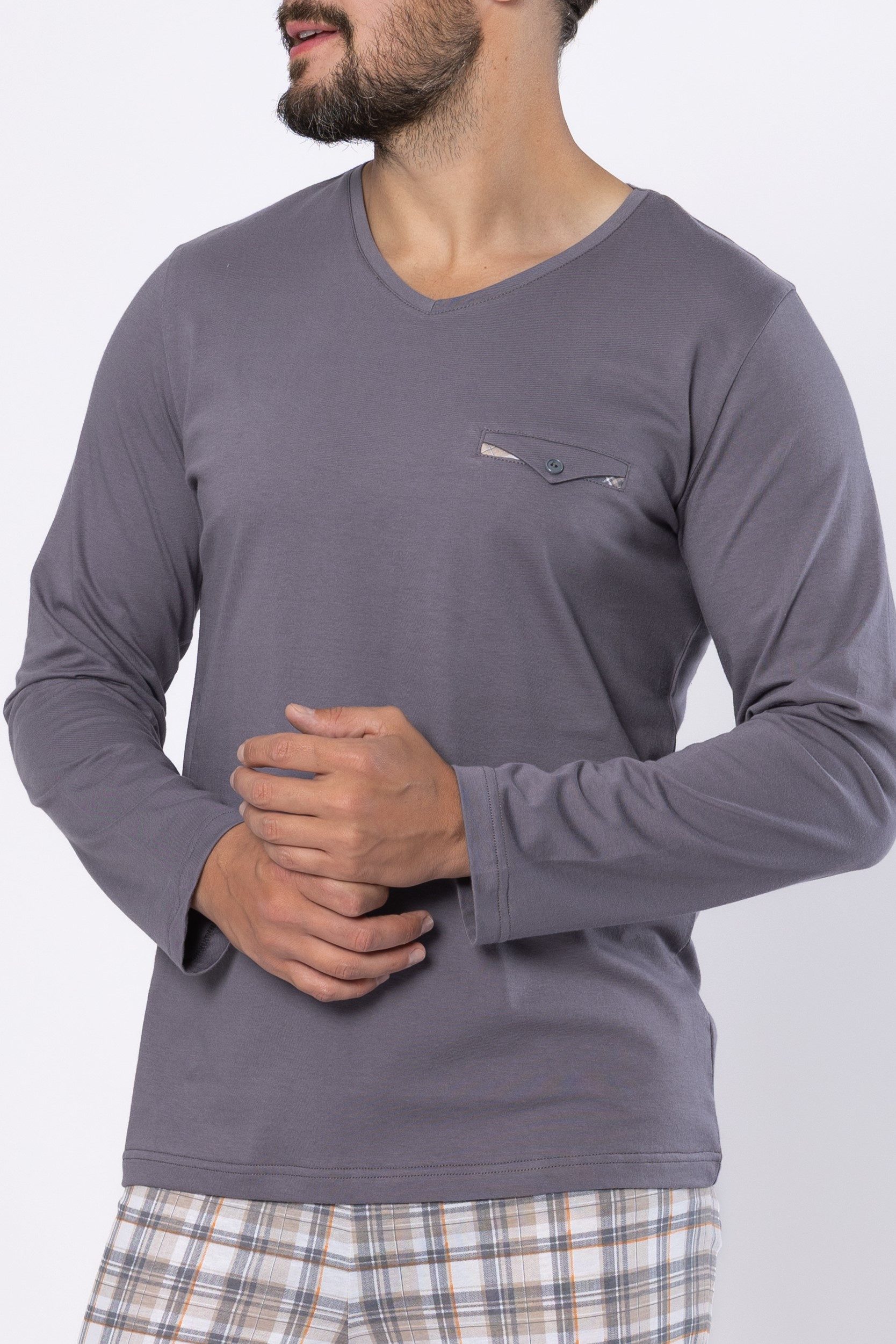 HOTBERG Pyjama langer Schlafanzug aus Baumwolle (2 tlg) Karo-Pyjamahose, Made in EU