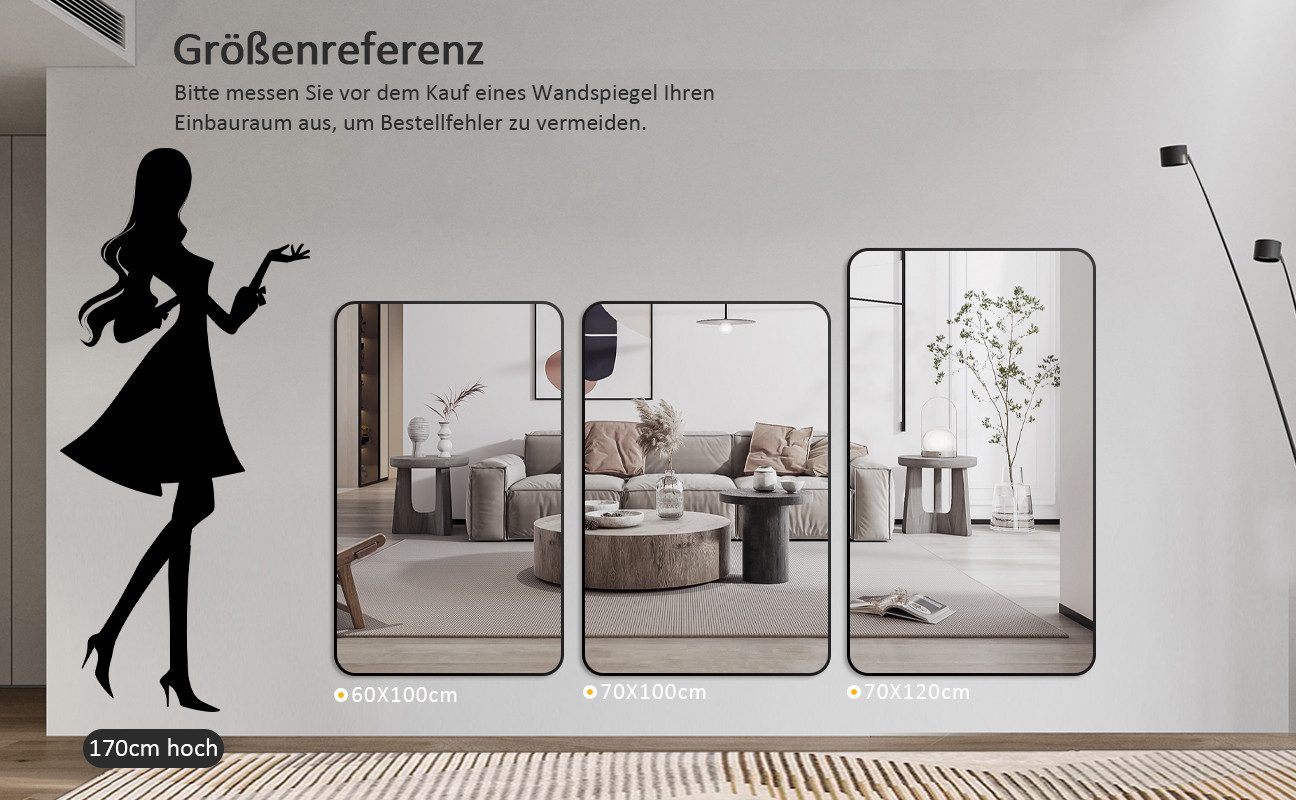 Hopibath Wandspiegel groß 100x60 60x100 Spiegel Bad mit Alurahmen (Badspiegel Flurspiegel, Rechteckig), 5mm HD Glas, 2 Installationsmethoden